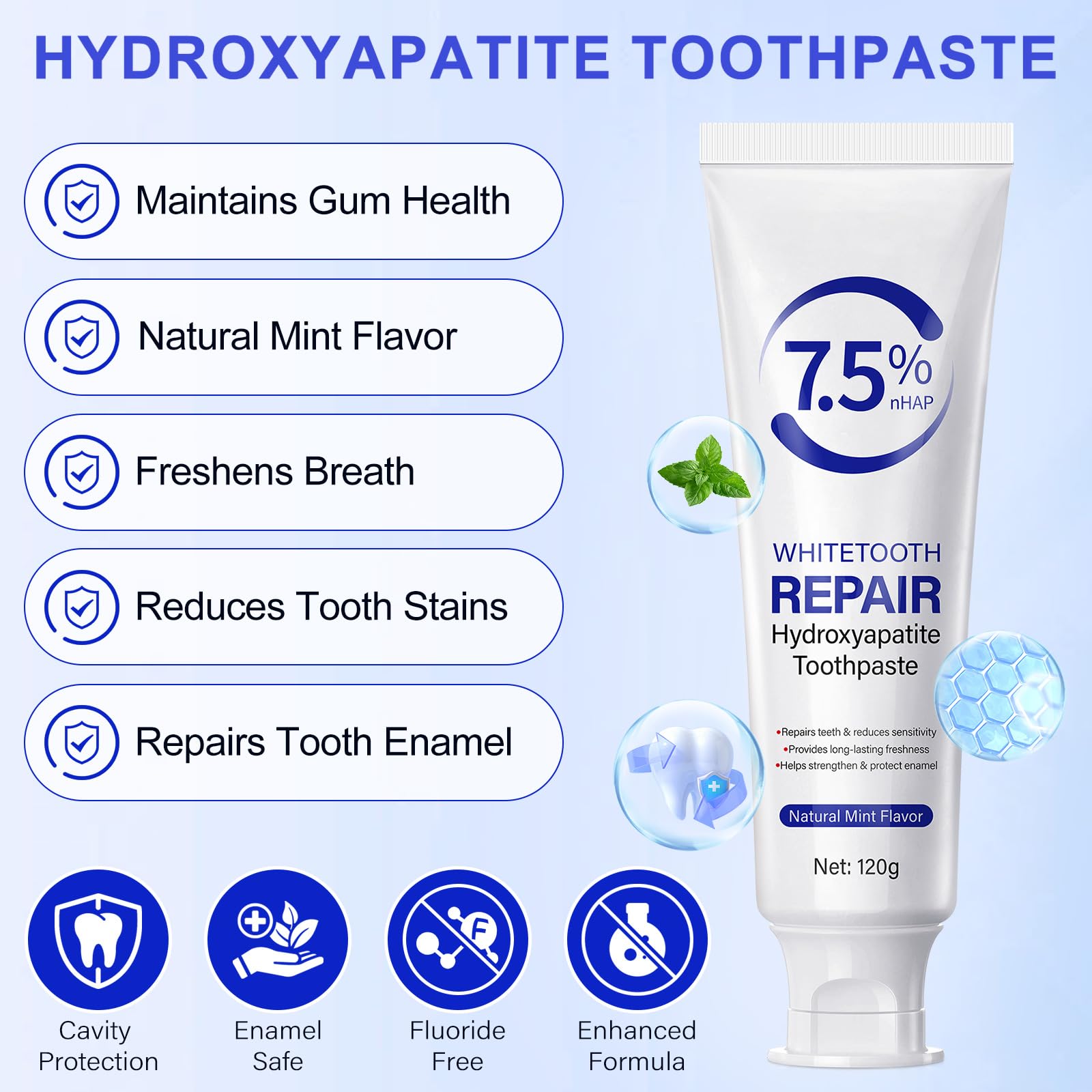 7.5% Hydroxyapatite Toothpaste 2Pack – Enamel Protection, Gentle Mint