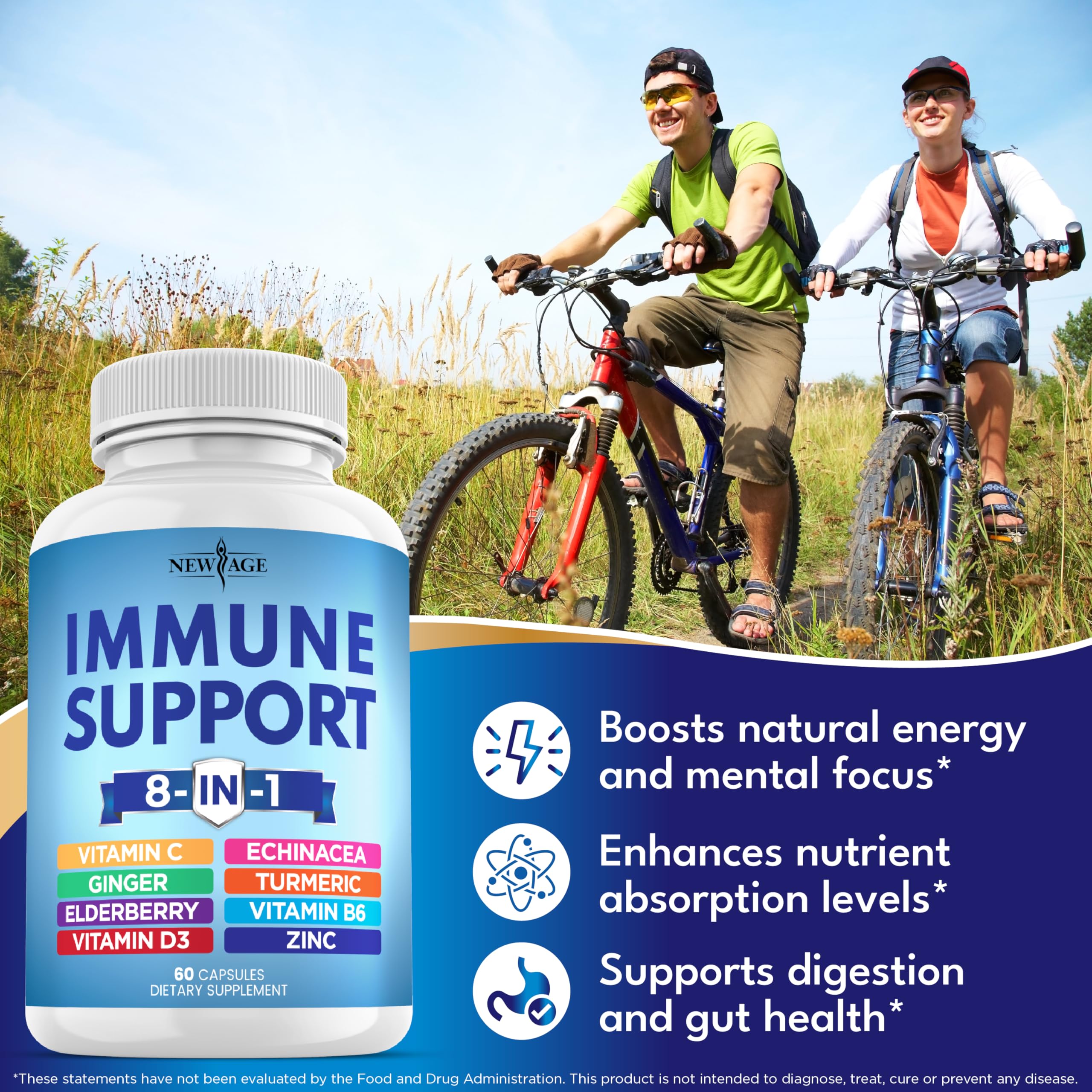 NEW AGE 8 in 1 Immune Support Booster – Vitamin D 5000 IU, Vitamin C 1000 mg, Zinc 50 mg, Elderberry & Echinacea – 180 Capsules (Pack of 3)