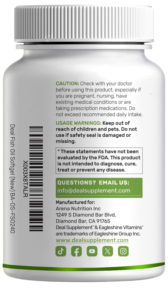 DEAL SUPPLEMENT Omega 3 Fish Oil – 3,000 mg per Serving, 240 Softgels, Burpless Lemon