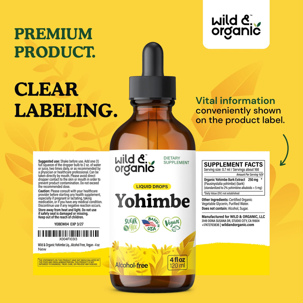Wild & Organic Yohimbe Supplements for Men & Women - 5 mg Yohimbine Extract Tincture - Alcohol-Free Yohimbe Bark Drops - Vegan, Non-GMO & Sugar-Free - 4 fl oz