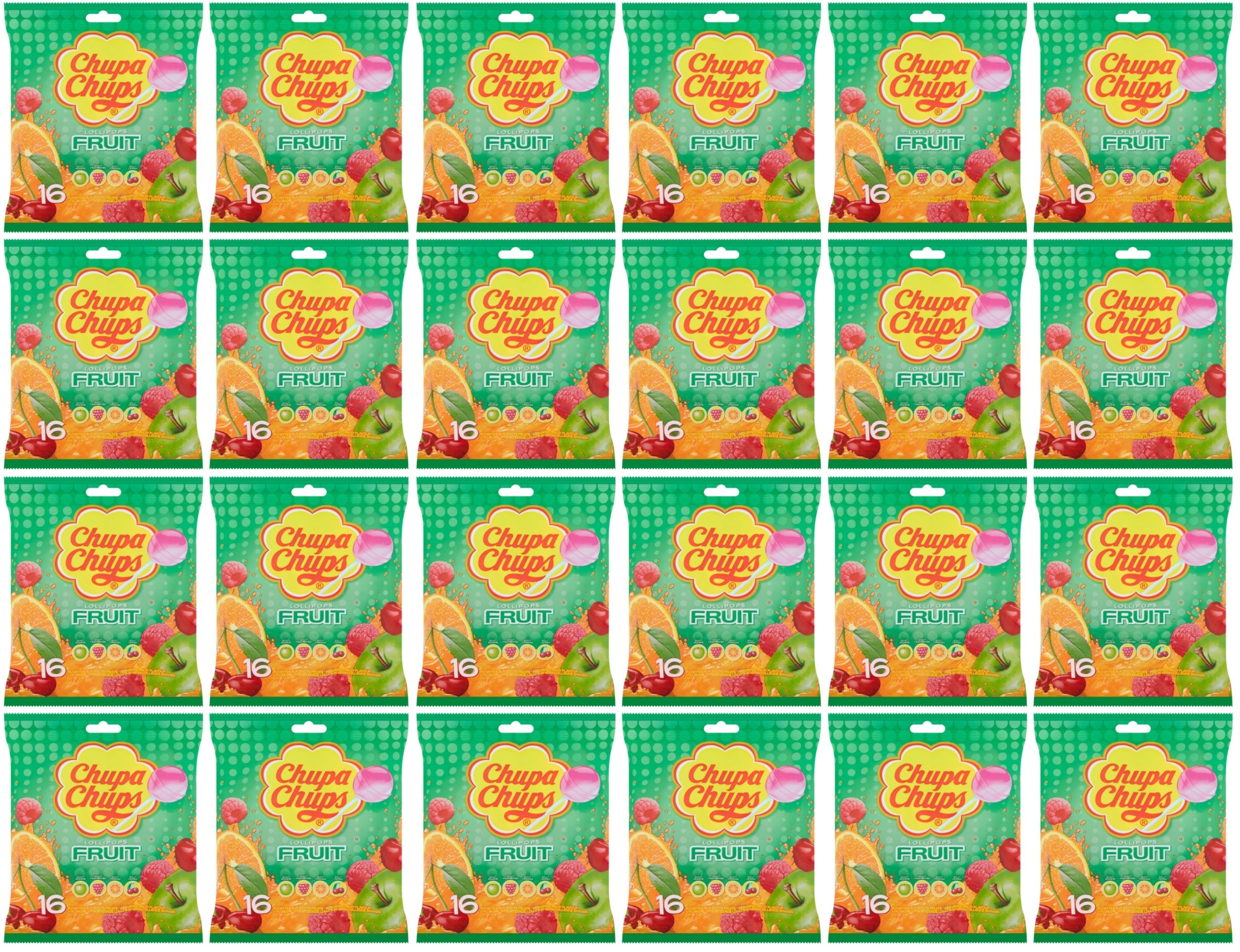 24 x Chupa Chups 16 Assorted Fruit Flavour Lollipops 192G