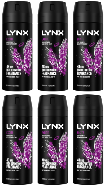 6 x Lynx Body Spray Excite 150Ml