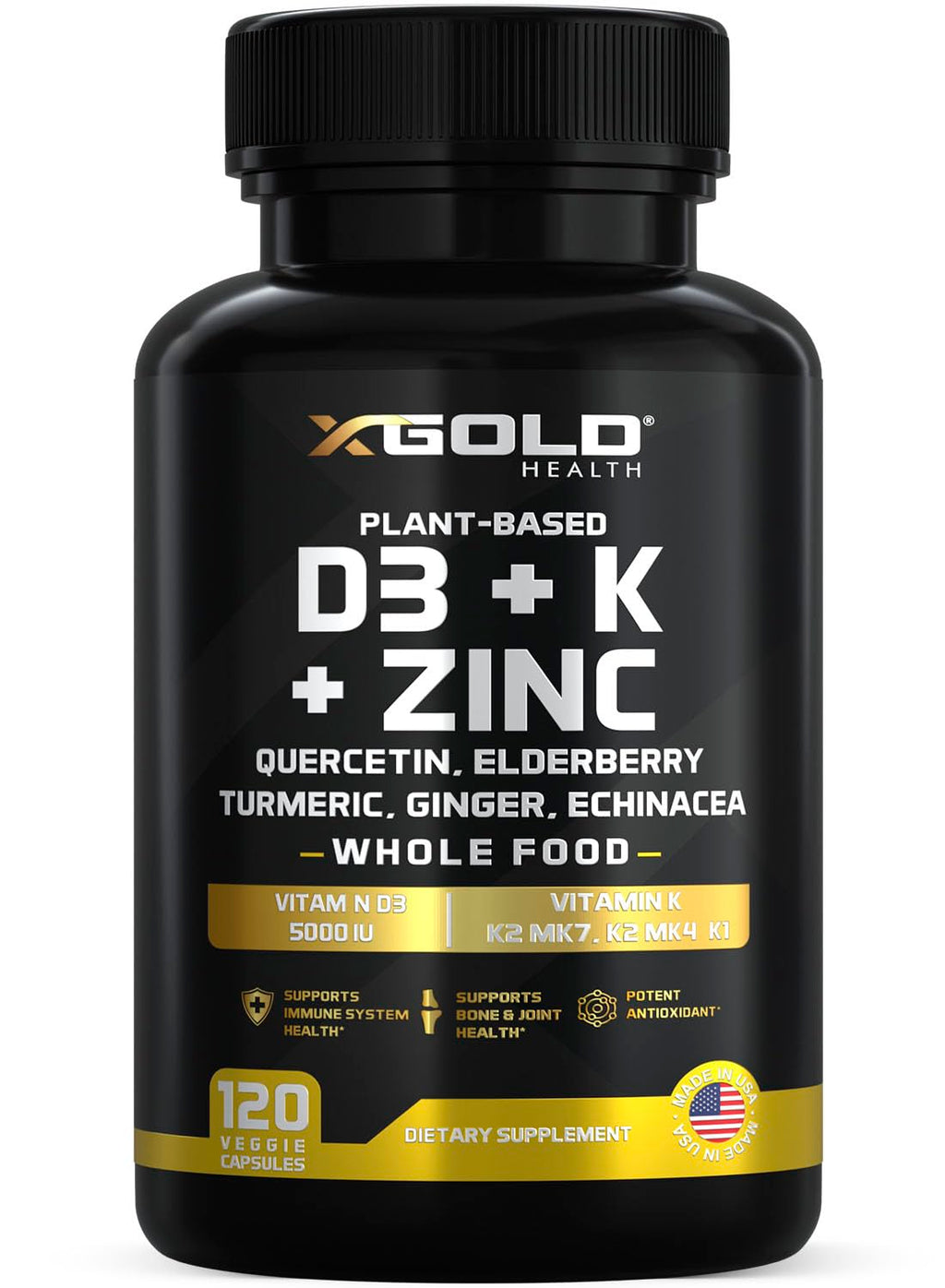 Vitamin D3 5000 IU + K2 MK7/MK4/K1, Zinc, Quercetin, Elderberry, Turmeric & Echinacea – 8-in-1 Plant-Based (120 capsules)