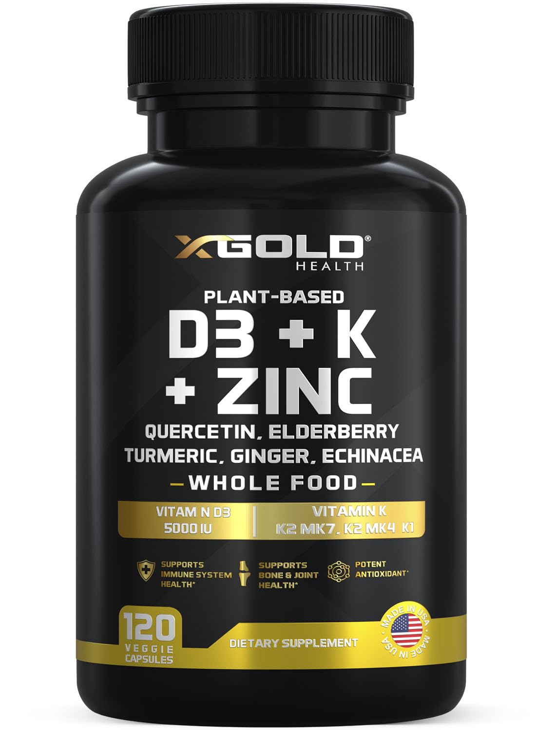 Vitamin D3 5000 IU + K2 MK7/MK4/K1, Zinc, Quercetin, Elderberry, Turmeric & Echinacea – 8-in-1 Plant-Based (120 capsules)