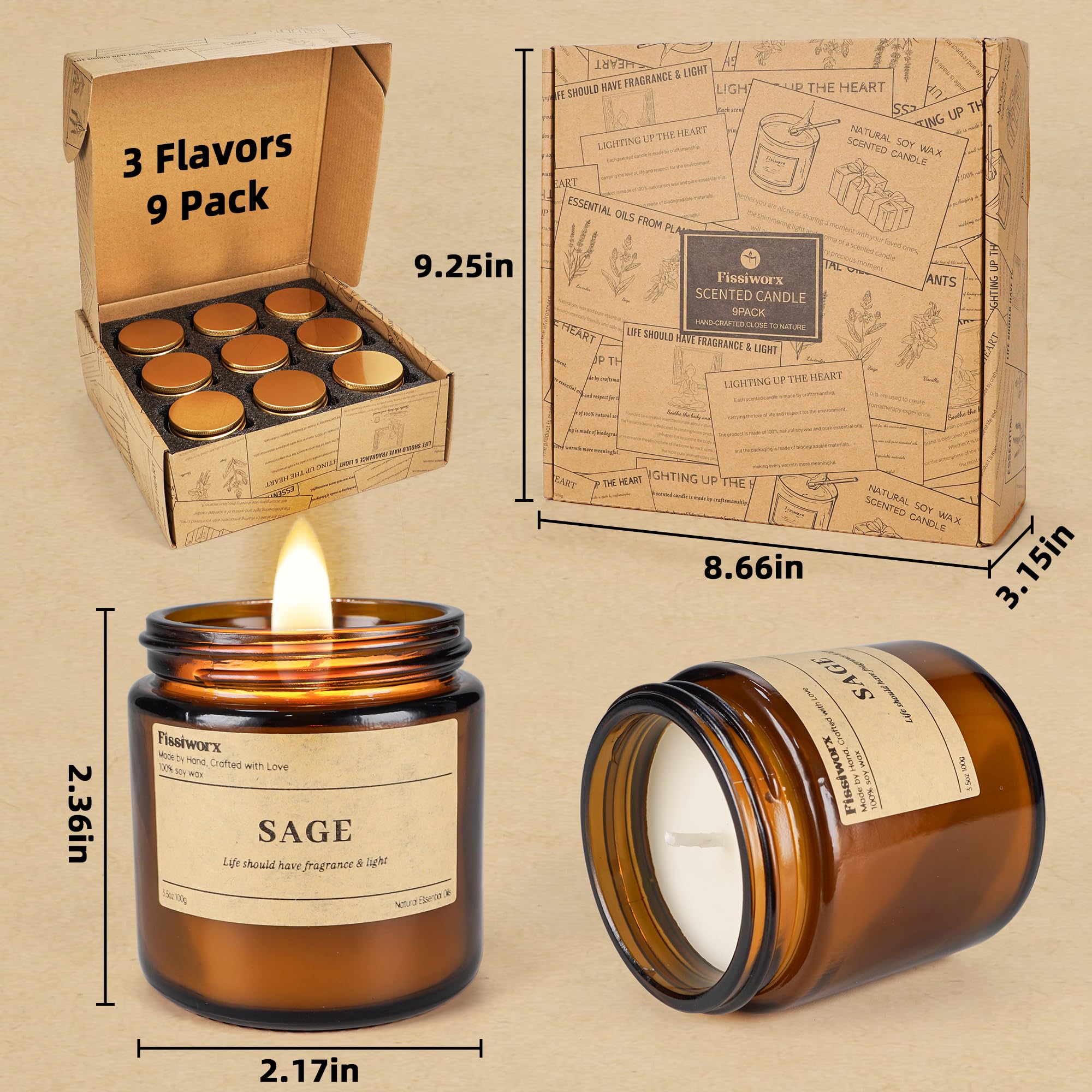 9 Pack Soy Candles – Vanilla, Lavender & Sage | 270 Hours Long-Lasting