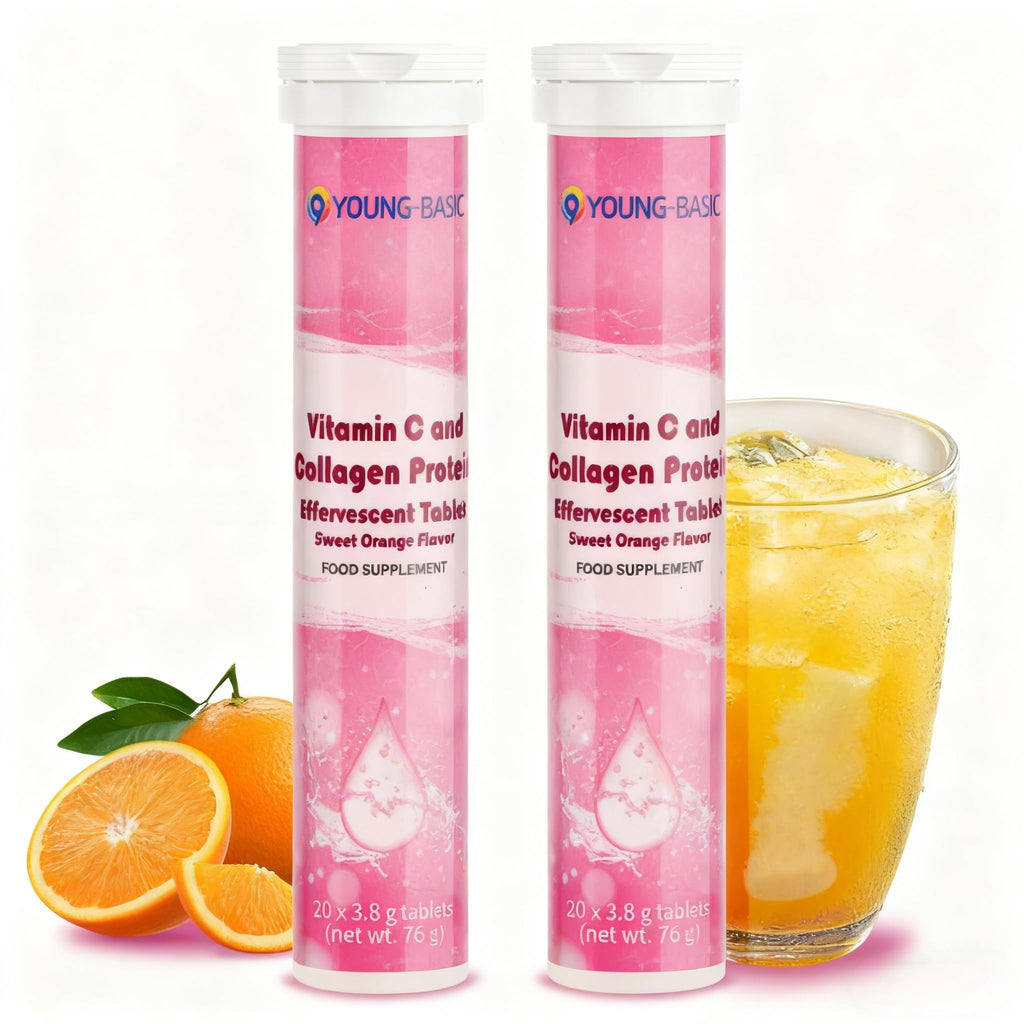 9 YOUNG-BASIC Vitamin C & Collagen Effervescent Tablets – Immune Support & Skin Radiance (Sweet Orange, 40 Tablets)