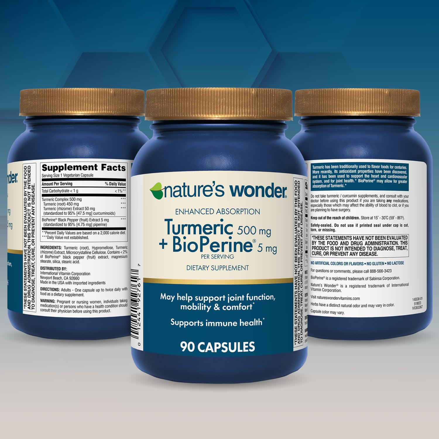 Nature's Wonder Turmeric Supplement with BioPerine 500mg - 90 Vegetarian Capsules