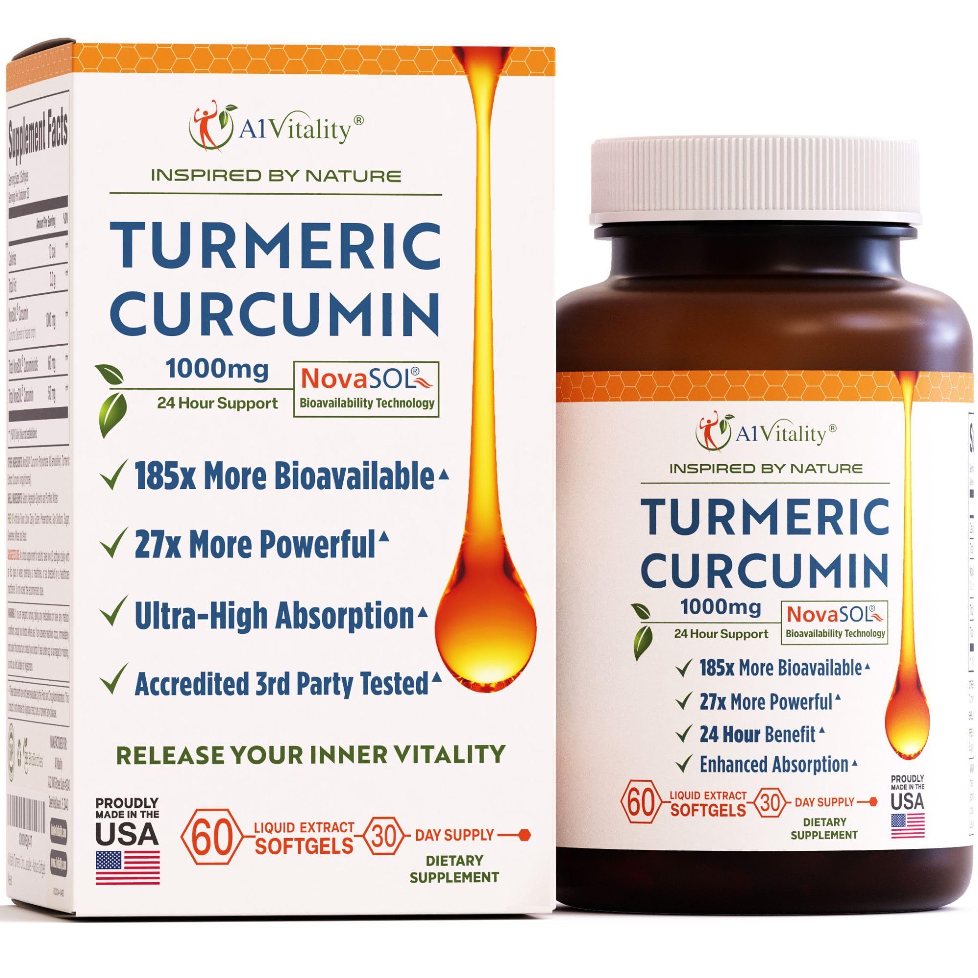 A1Vitality NovaSOL Turmeric Curcumin 1000mg – Clinically Proven 185x Higher Absorption – Promotes Joint Comfort, Mobility & Overall Wellness – Non-GMO, Doctor Formulated, 60 Softgels.
