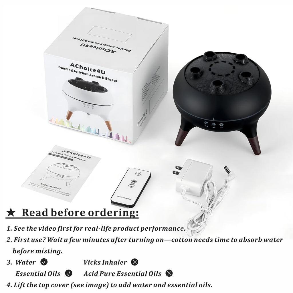 AChoice4U Essential Oil Diffuser 250ML Dancing Jellyfish – 7 Colors LED, Remote, Plug-in (Black)