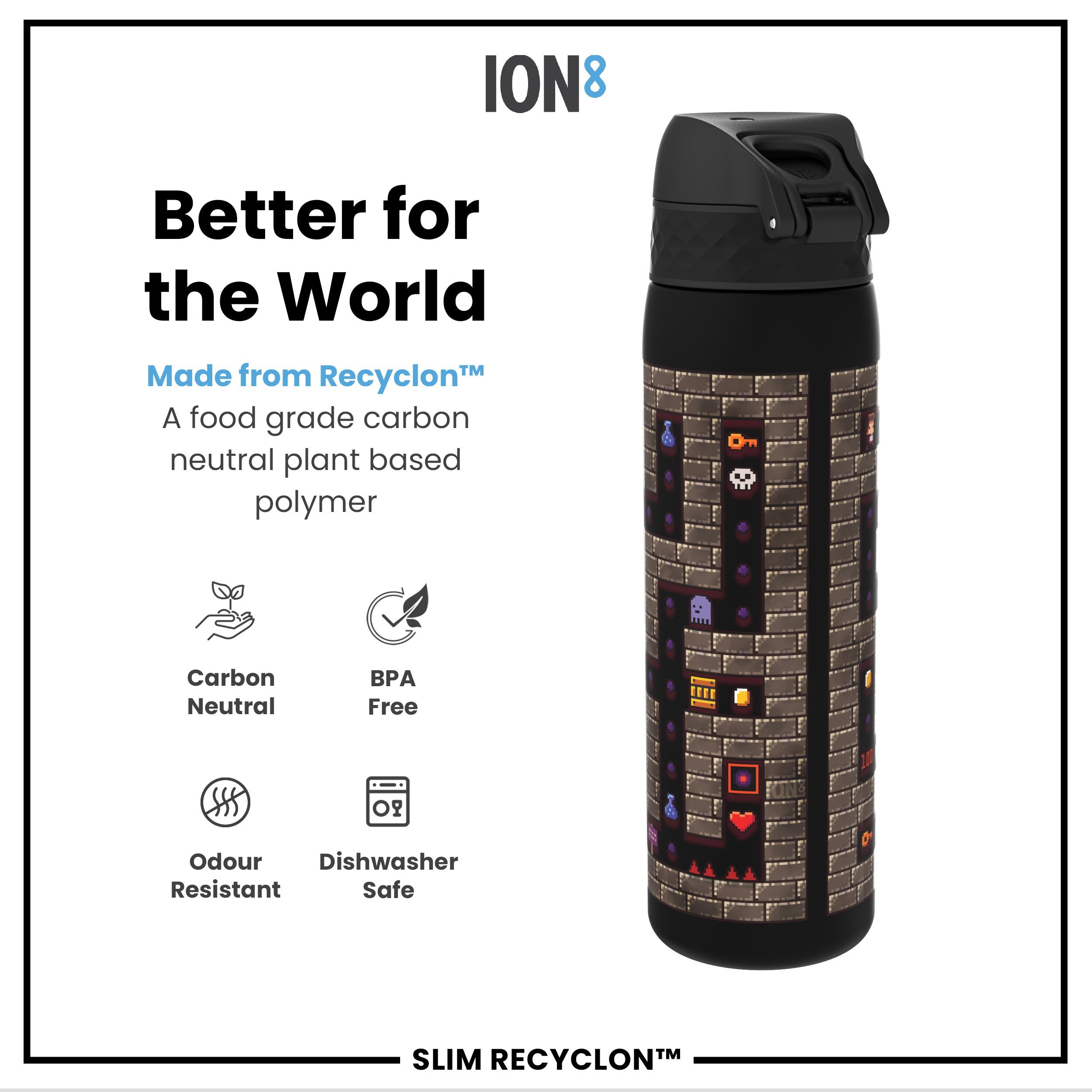 Leak Proof Slim Water Bottle, Recyclon, Gamer, 500ml (18oz)