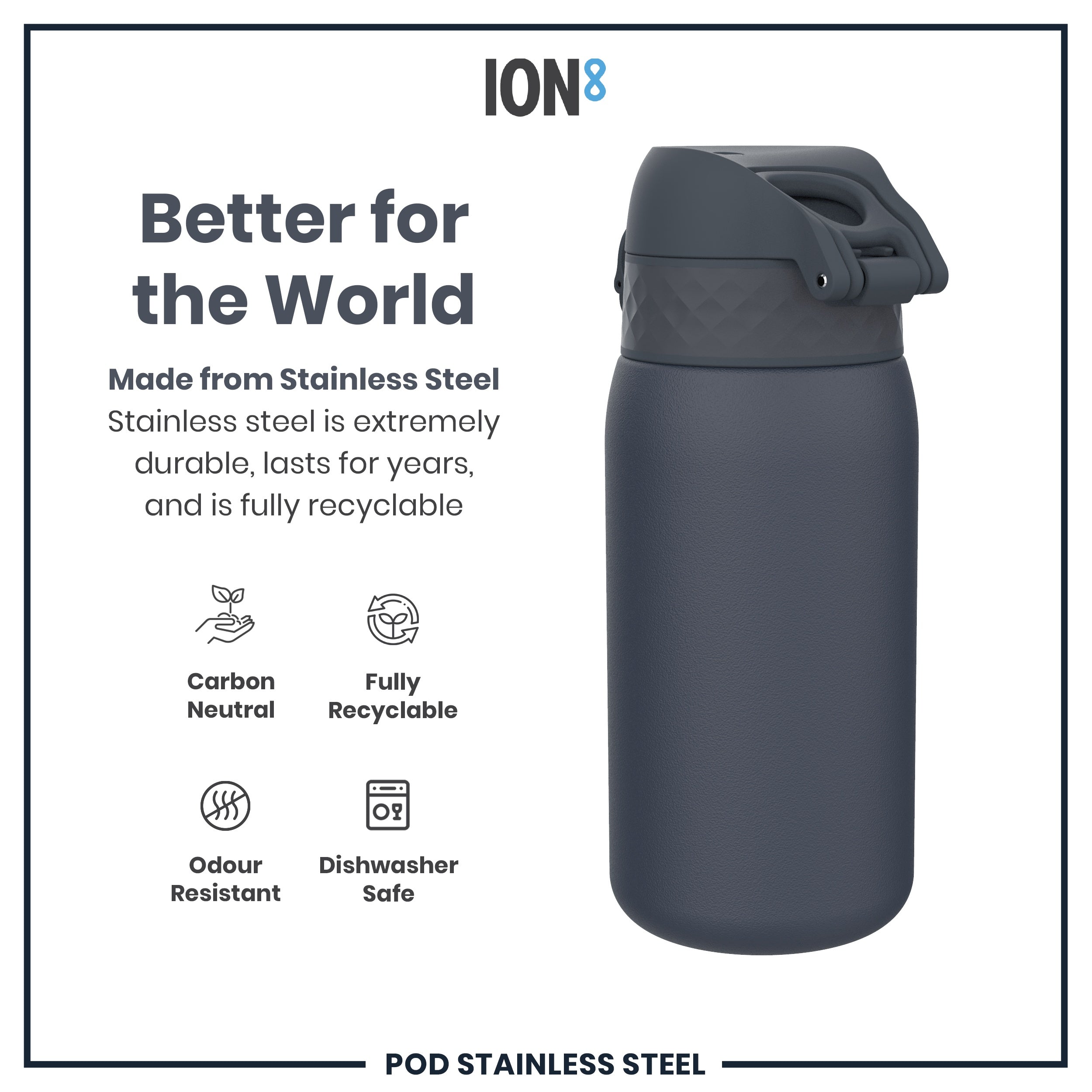 Leak Proof Water Bottle, Stainless Steel, Ash Navy, 400ml (13oz)
