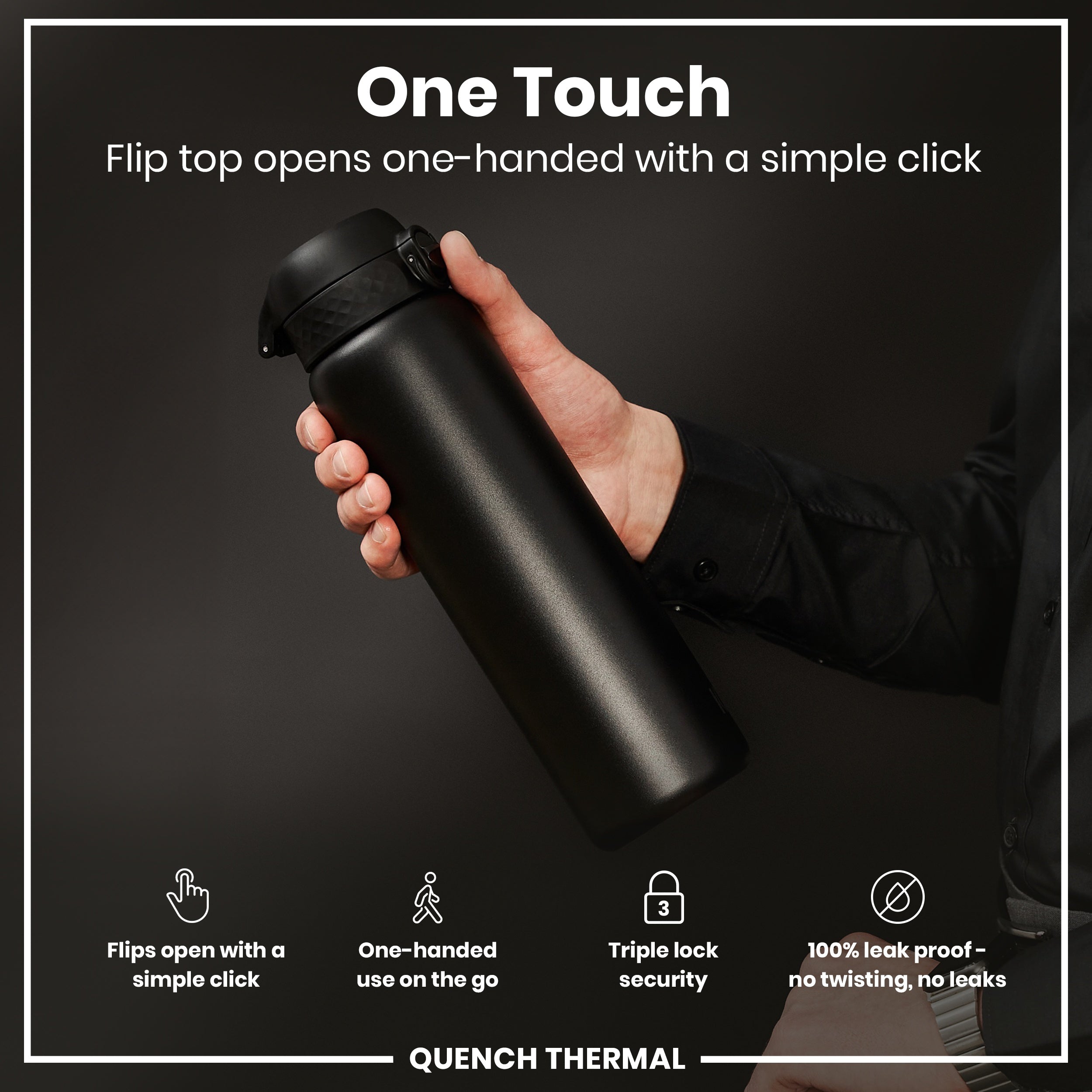 Leak Proof 1 Litre Thermal Water Bottle, Insulated, Black, 1L