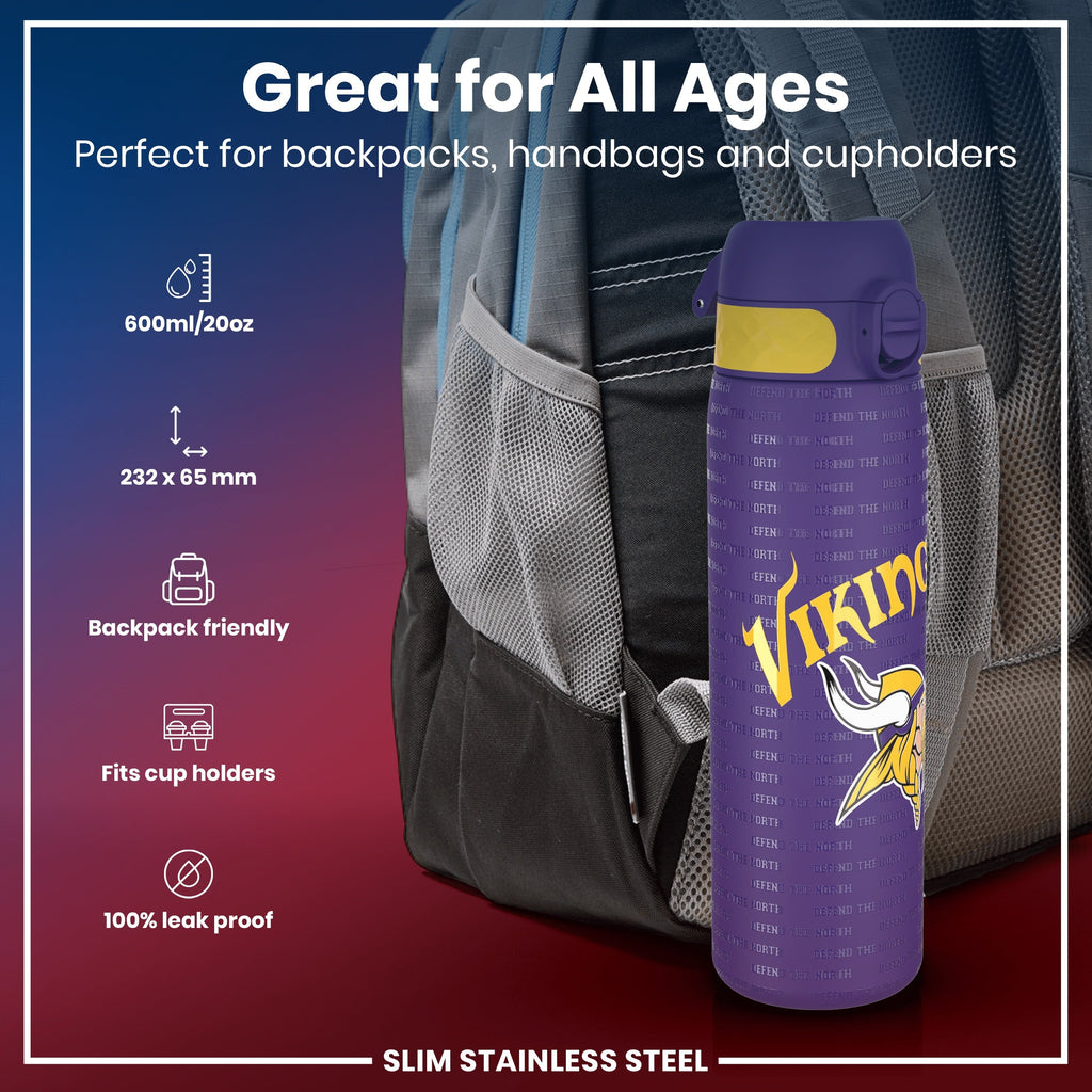 Leak Proof NFL Water Bottle, Stainless Steel, Minnesota Vikings, 600ml (20oz)