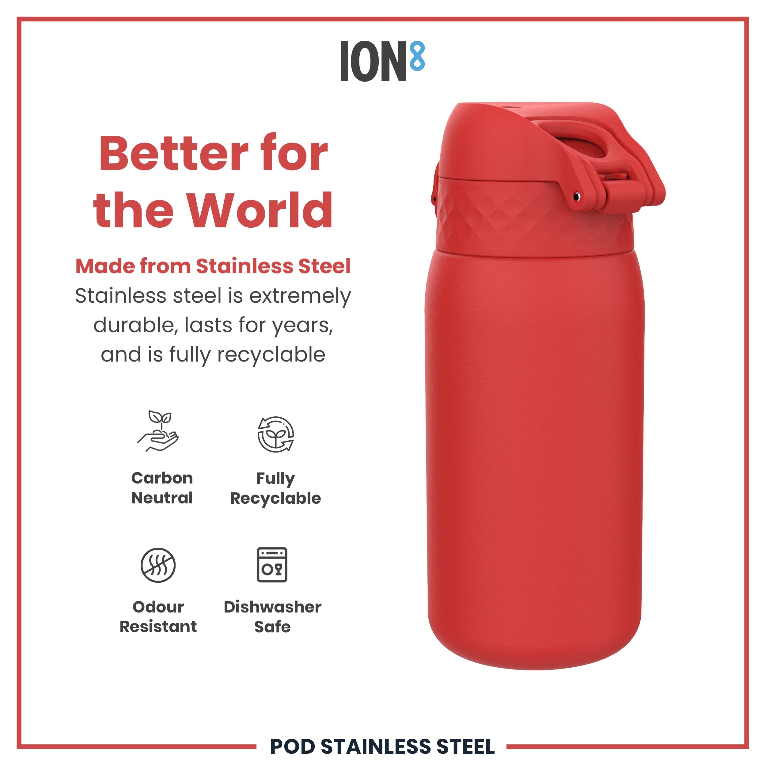 Leak Proof Water Bottle, Stainless Steel, Red, 400ml (13oz)