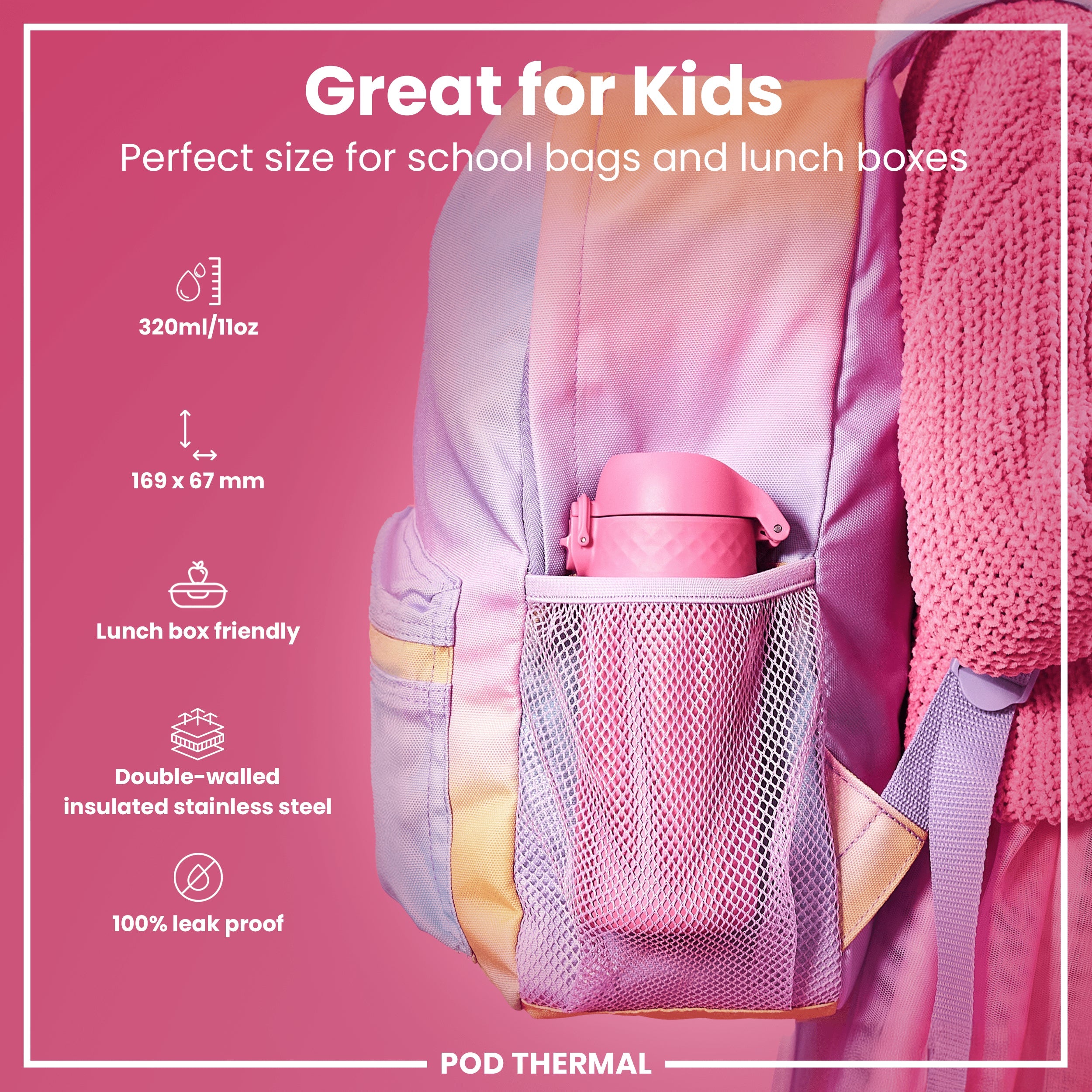 Leak Proof Thermal Steel Water Bottle, Insulated, Rose Bloom, 320ml (11oz)