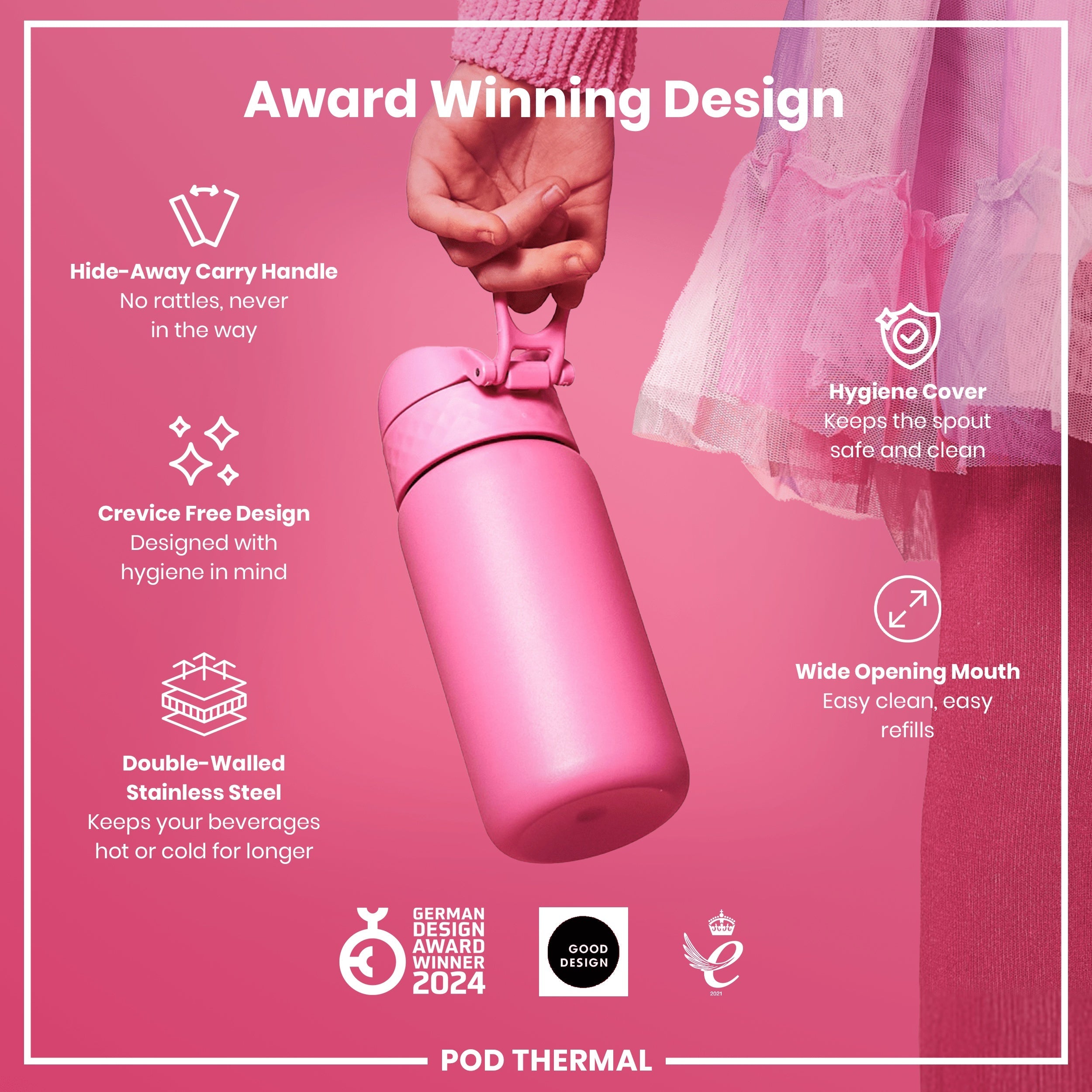 Leak Proof Thermal Steel Water Bottle, Insulated, Rose Bloom, 320ml (11oz)