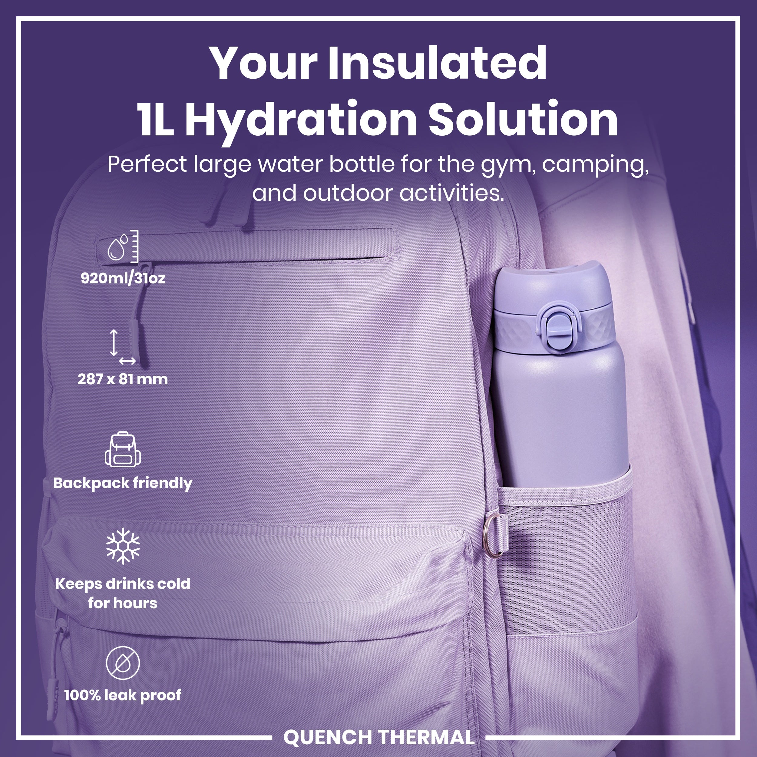 Leak Proof 1 Litre Thermal Water Bottle, Insulated, Light Purple, 1L