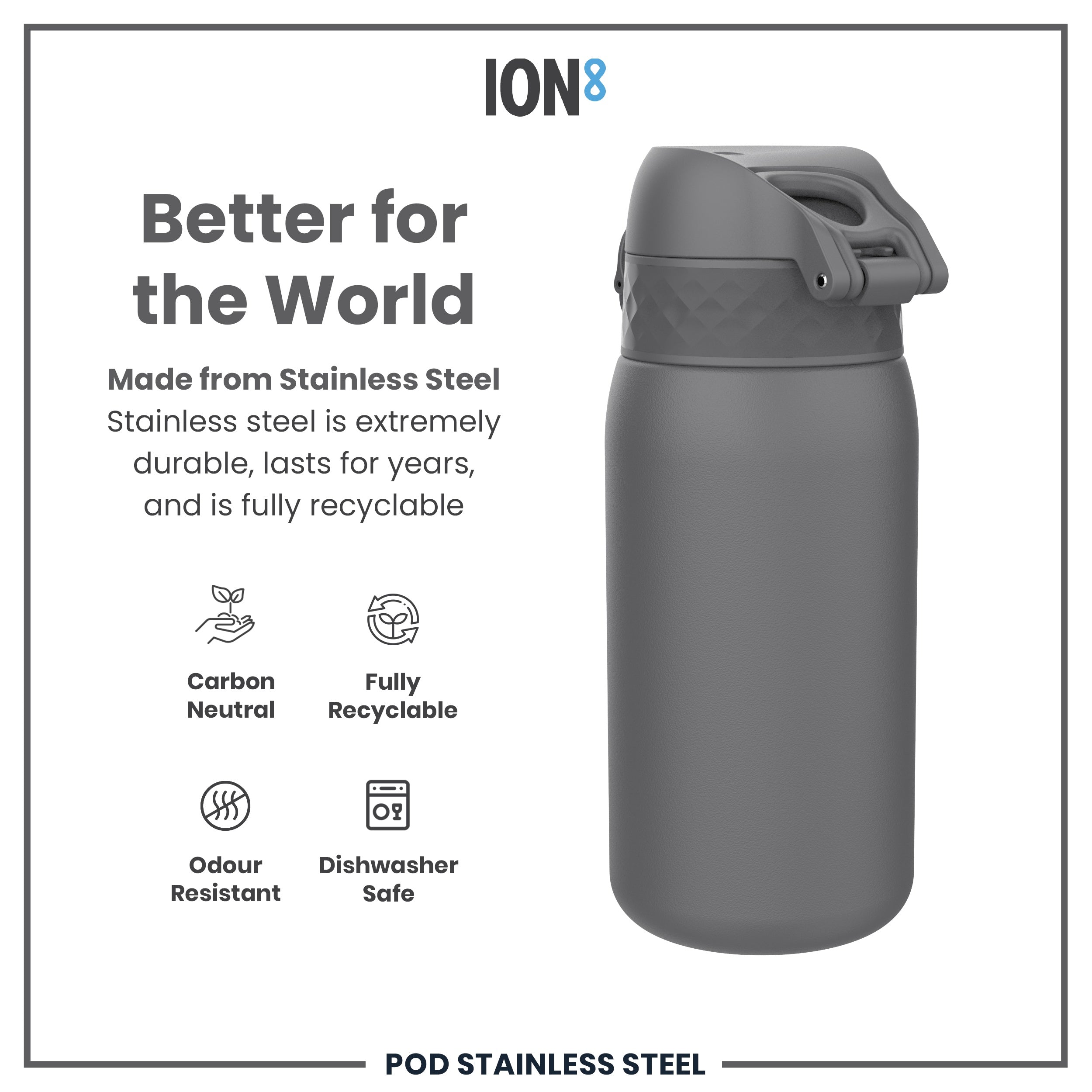Leak Proof Water Bottle, Stainless Steel, Grey, 400ml (13oz)
