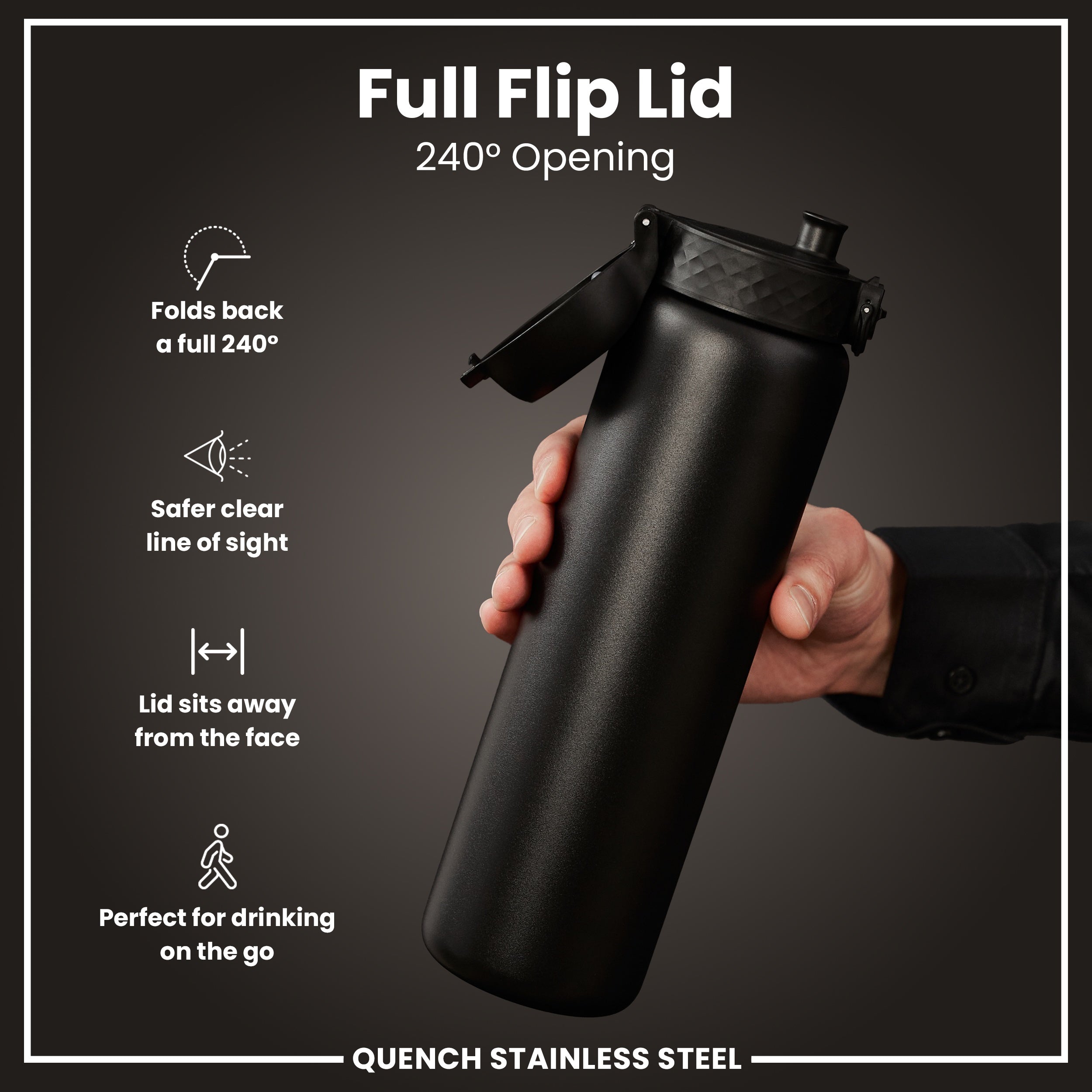 Leak Proof 1 Litre Water Bottle, Stainless Steel, Black, 1L