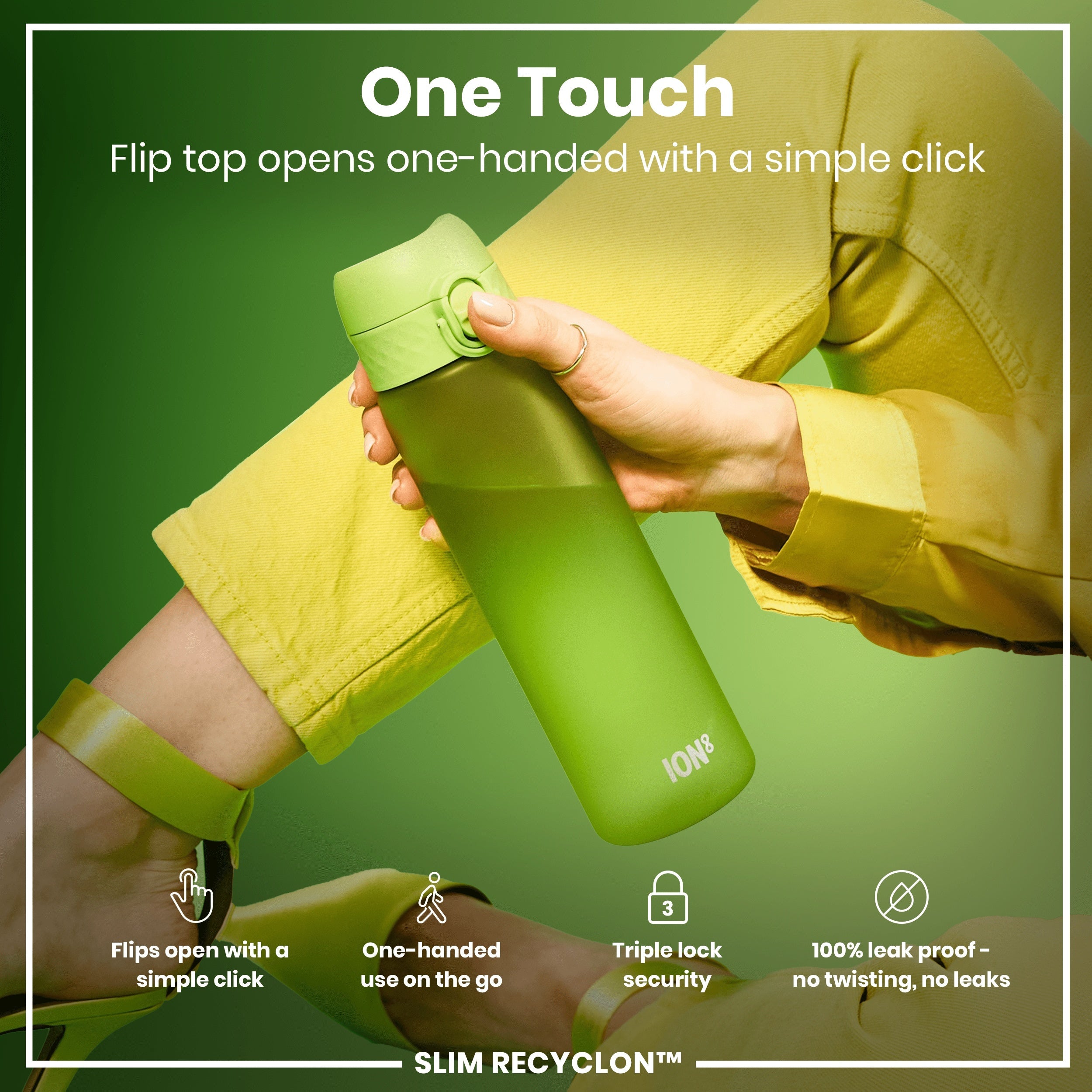 Leak Proof Slim Water Bottle, Recyclon, Green, 500ml (18oz)