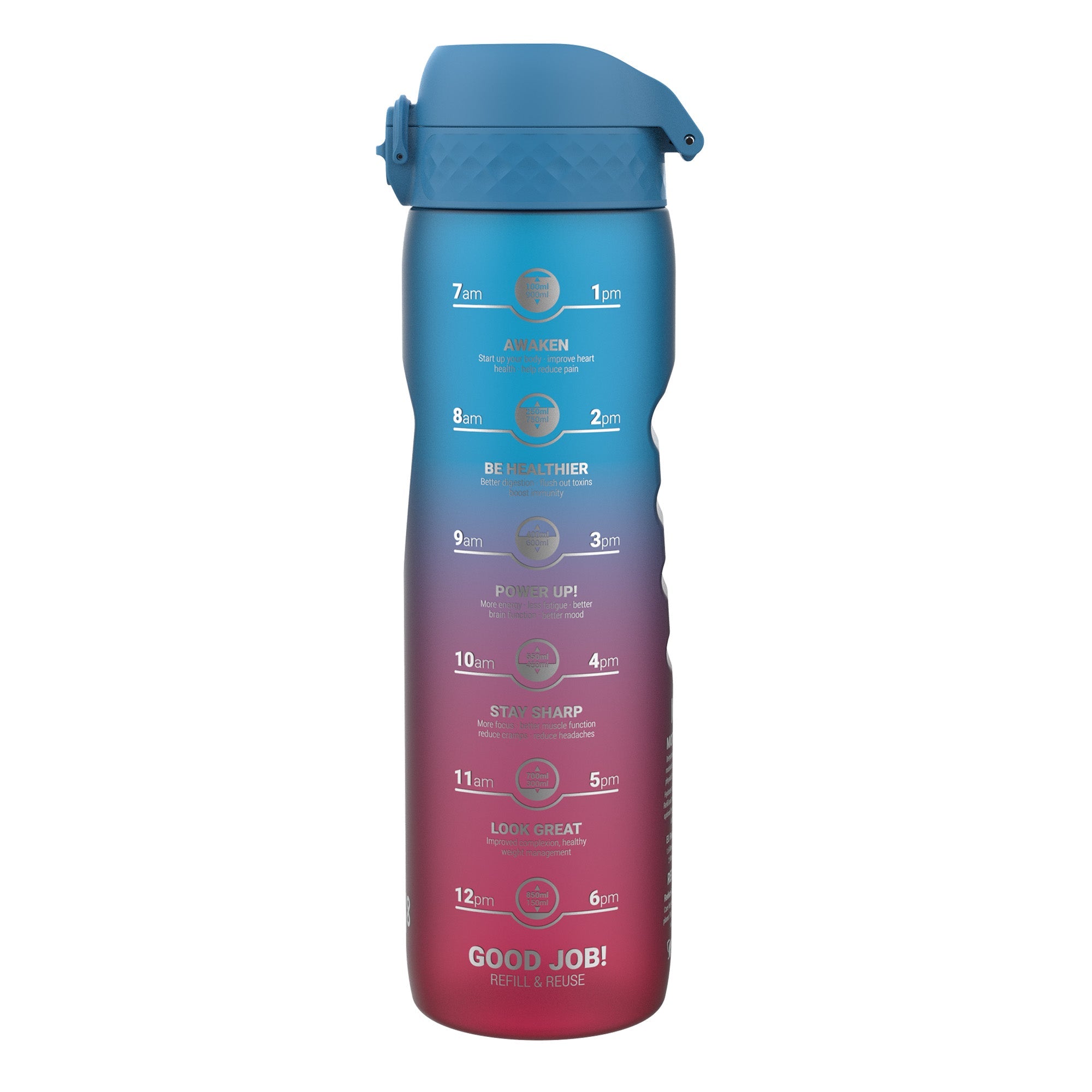 Leak Proof 1 Litre Water Bottle with Times to Drink, Recyclon, Blue & Pink, 1L