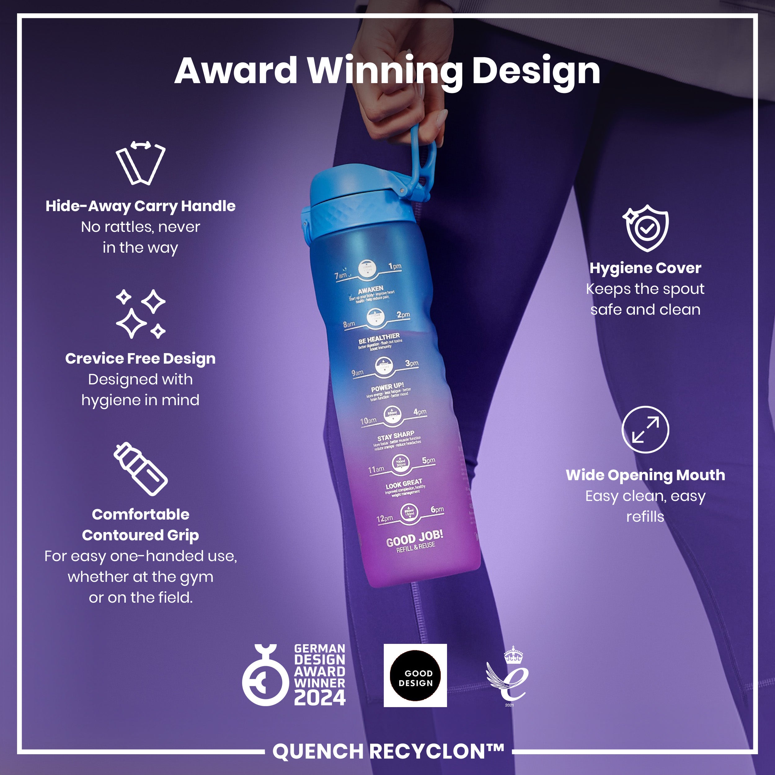 Leak Proof 1 Litre Water Bottle with Times to Drink, Recyclon, Blue & Pink, 1L