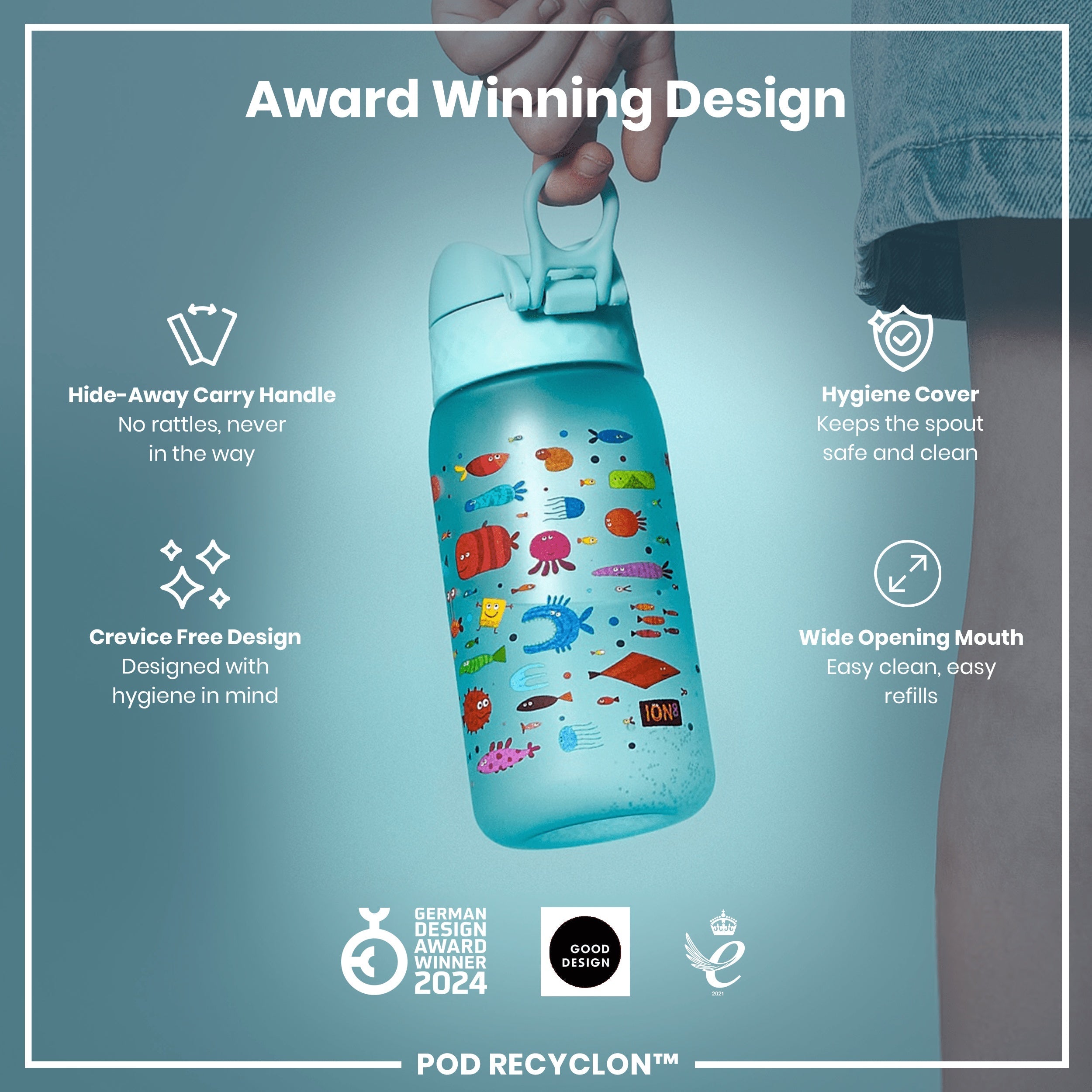 Leak Proof Kids Water Bottle, Recyclon, Fish, 350ml (12oz)
