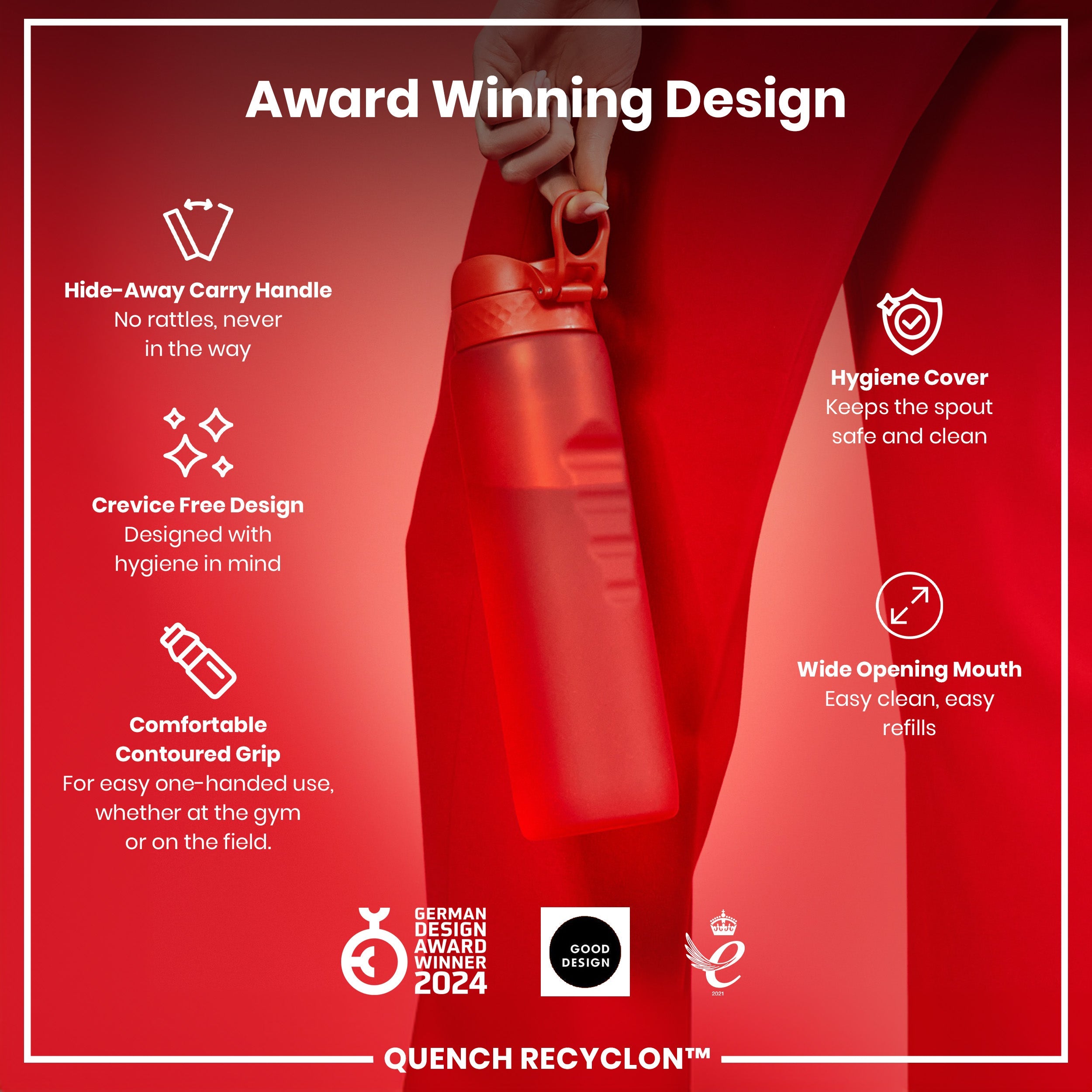 Leak Proof 1 litre Water Bottle, Recyclon, Red, 1L