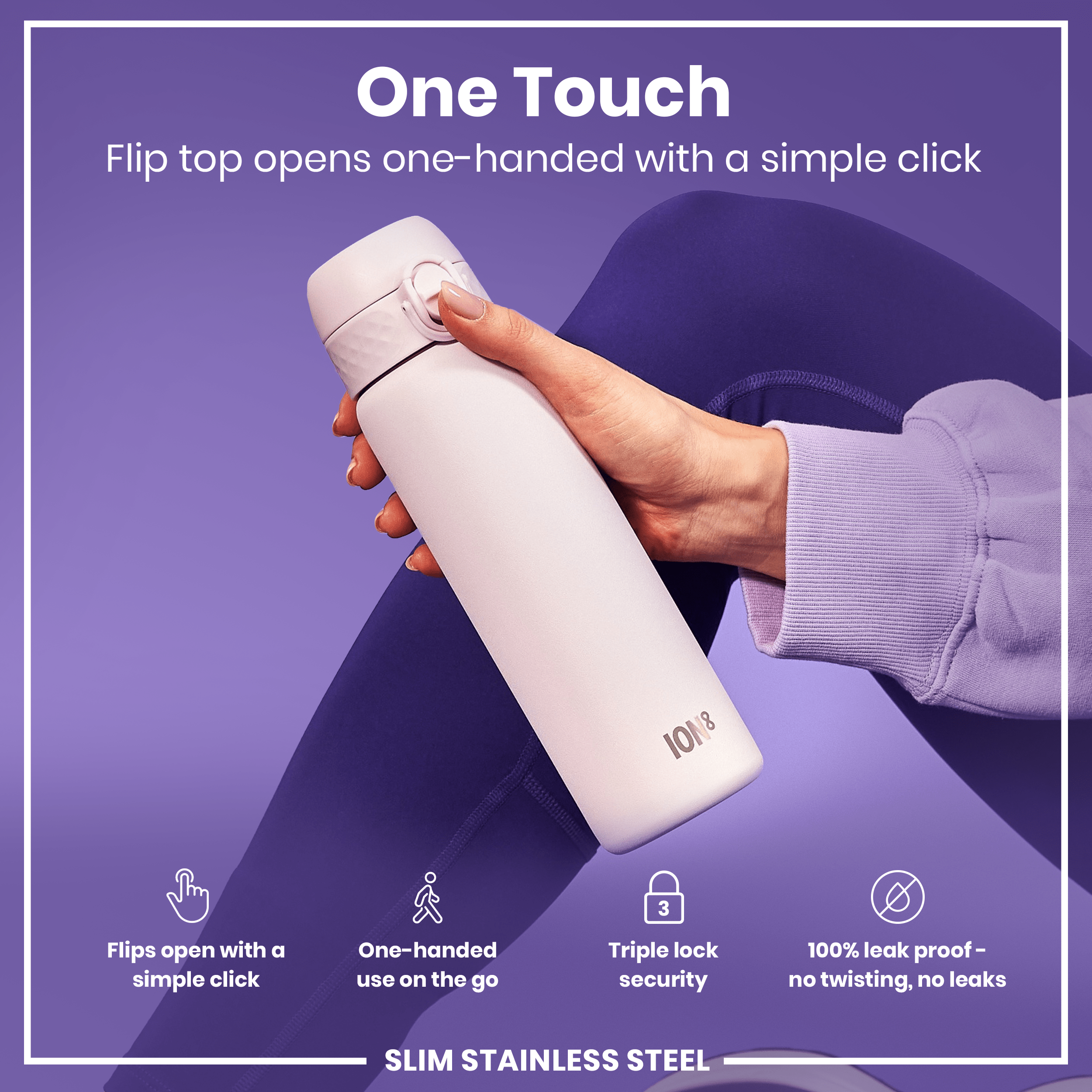 Leak Proof Slim Water Bottle, Stainless Steel, Lilac Dusk, 600ml (20oz)