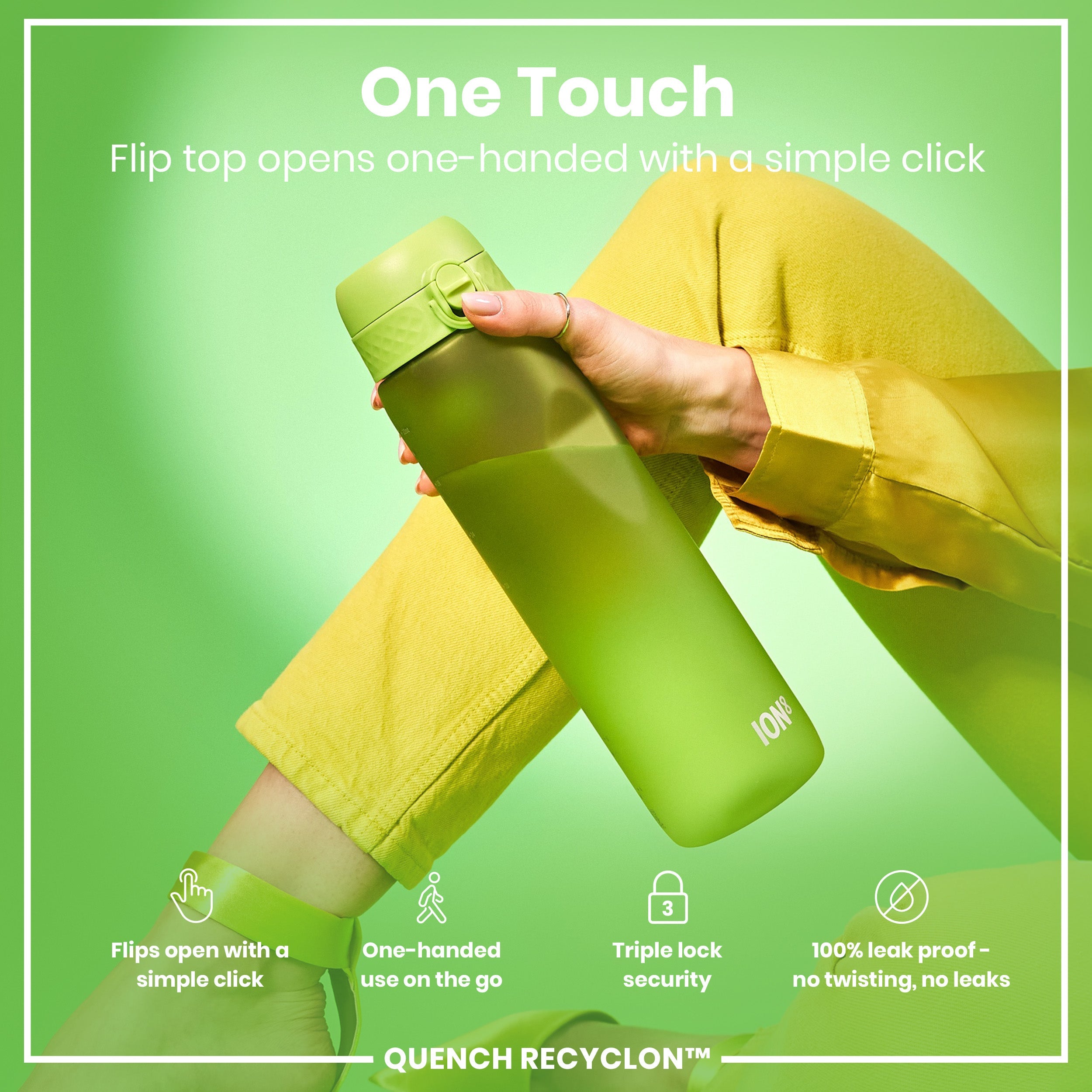 Leak Proof 1 litre Water Bottle, Recyclon, Green, 1L