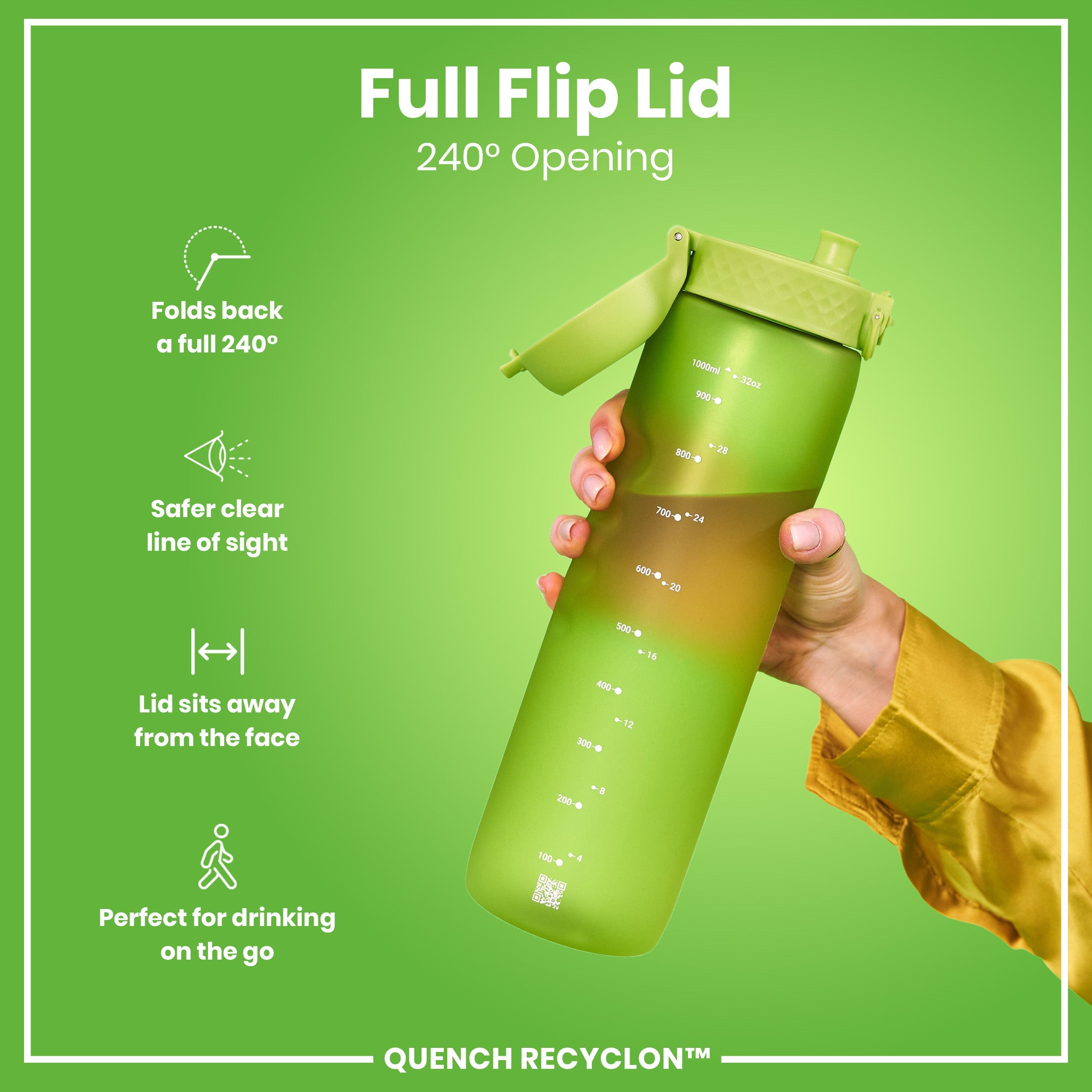 Leak Proof 1 litre Water Bottle, Recyclon, Green, 1L