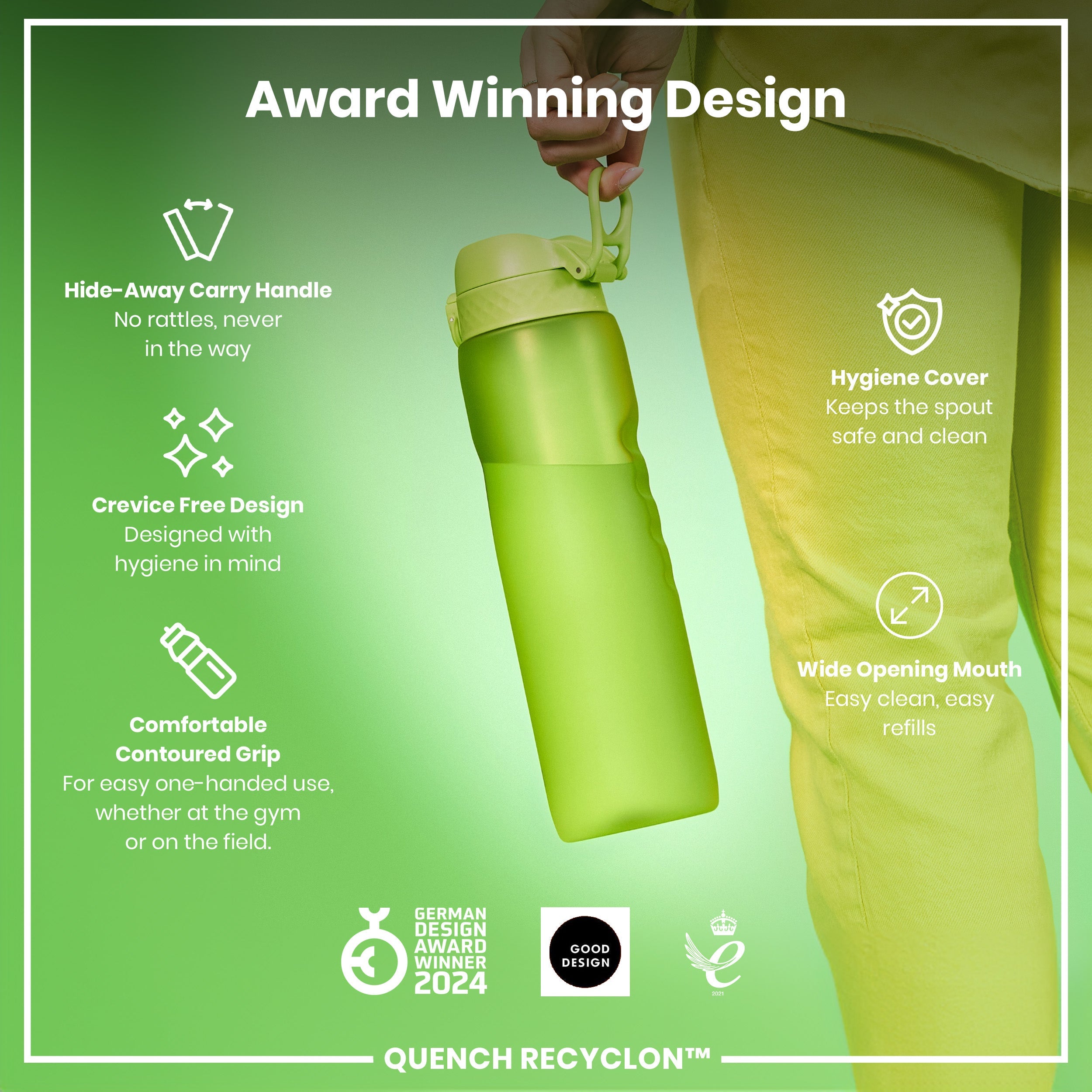 Leak Proof 1 litre Water Bottle, Recyclon, Green, 1L