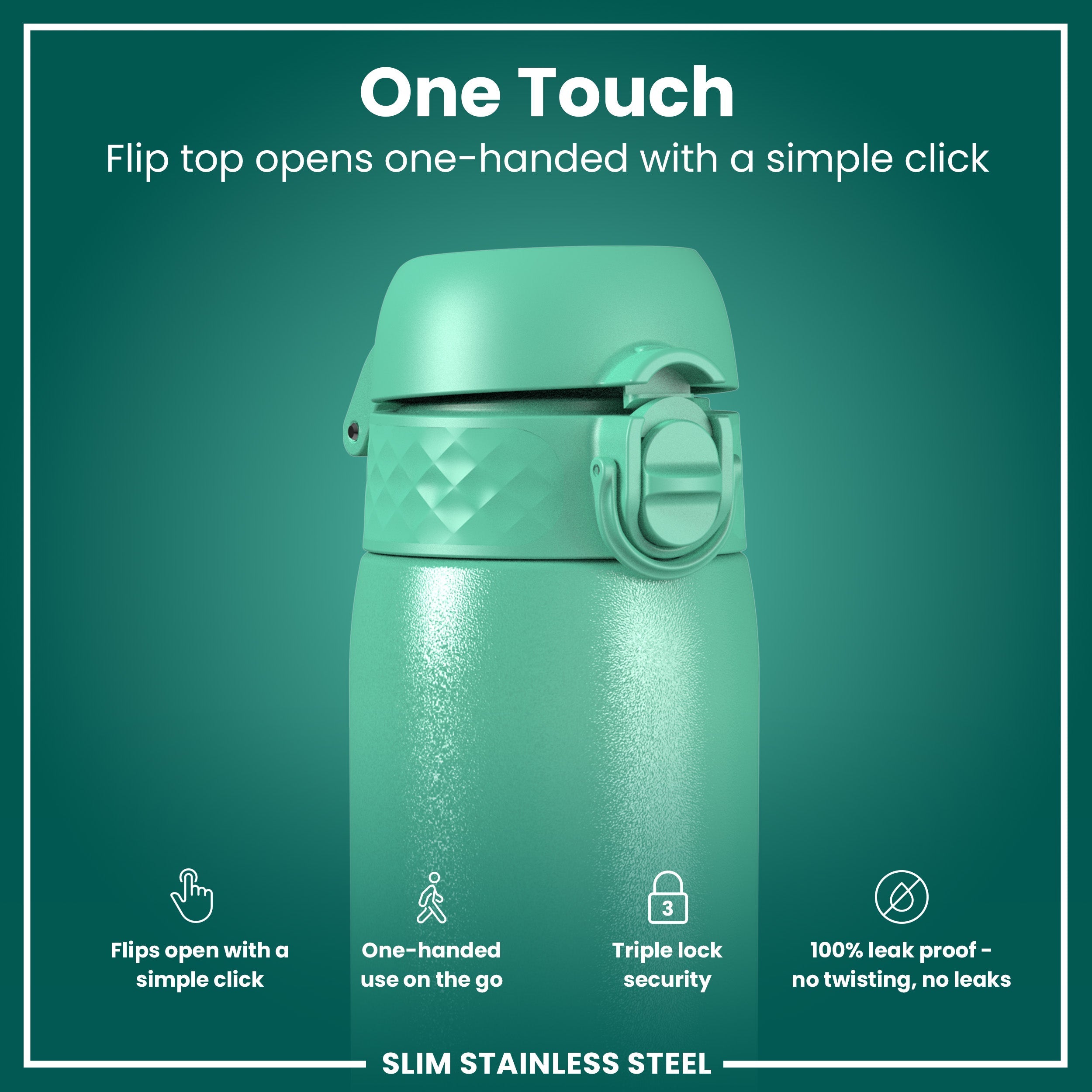 Leak Proof Slim Water Bottle, Stainless Steel, Teal, 600ml (20oz)