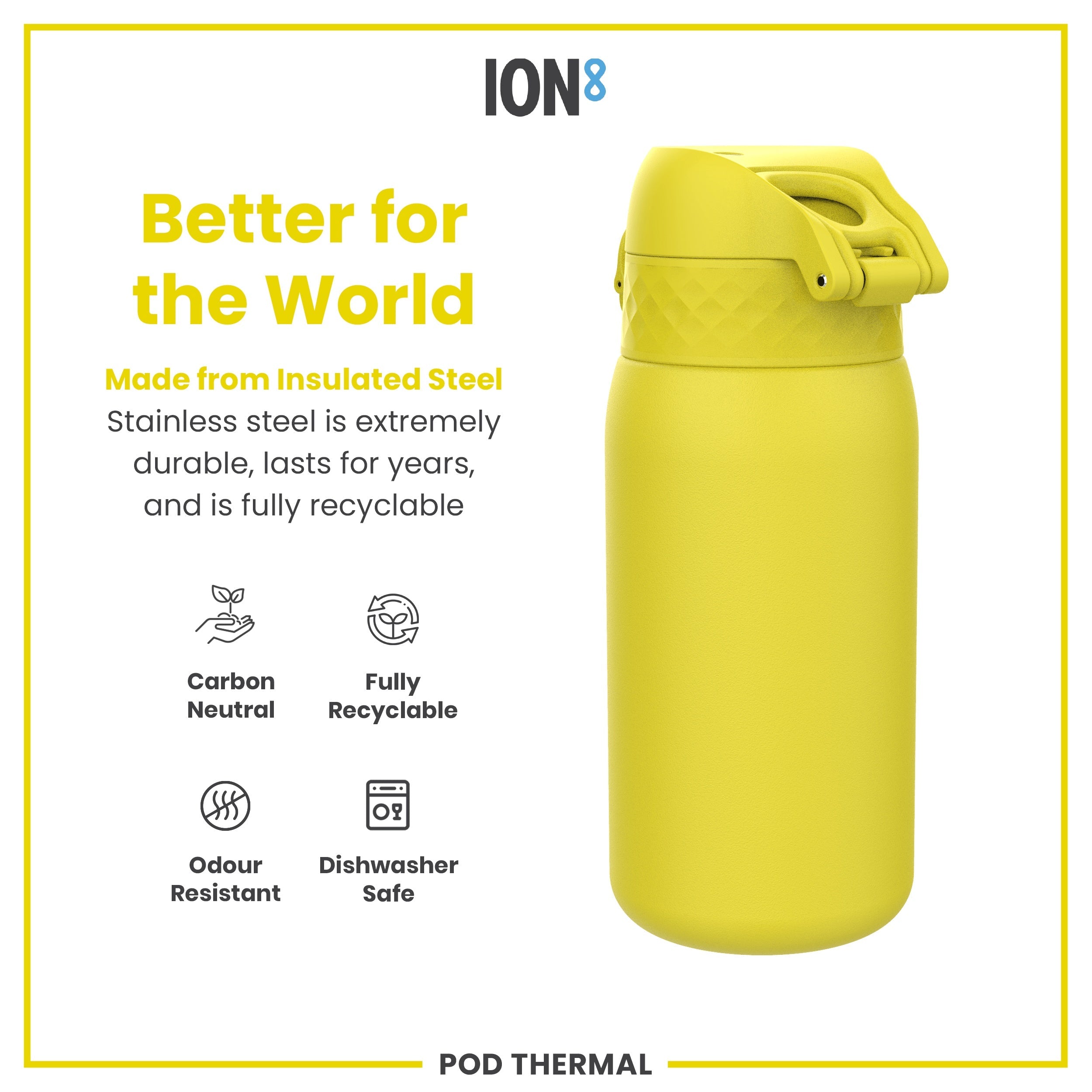 Leak Proof Thermal  Water Bottle, Insulated Steel, Yellow, 320ml (11oz)
