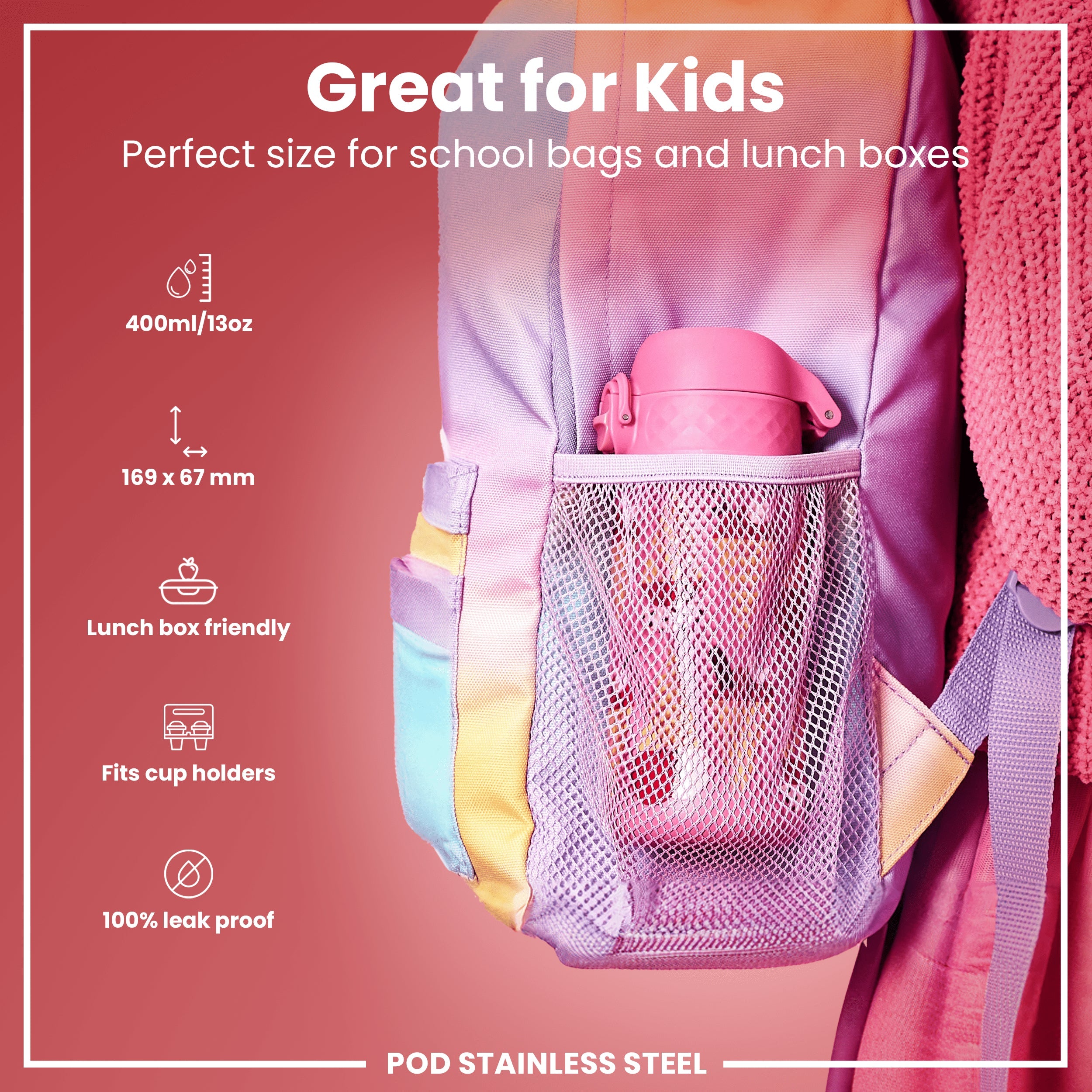 Leak Proof Kids Water Bottle, Stainless Steel, Ice Creams, 400ml (13oz)