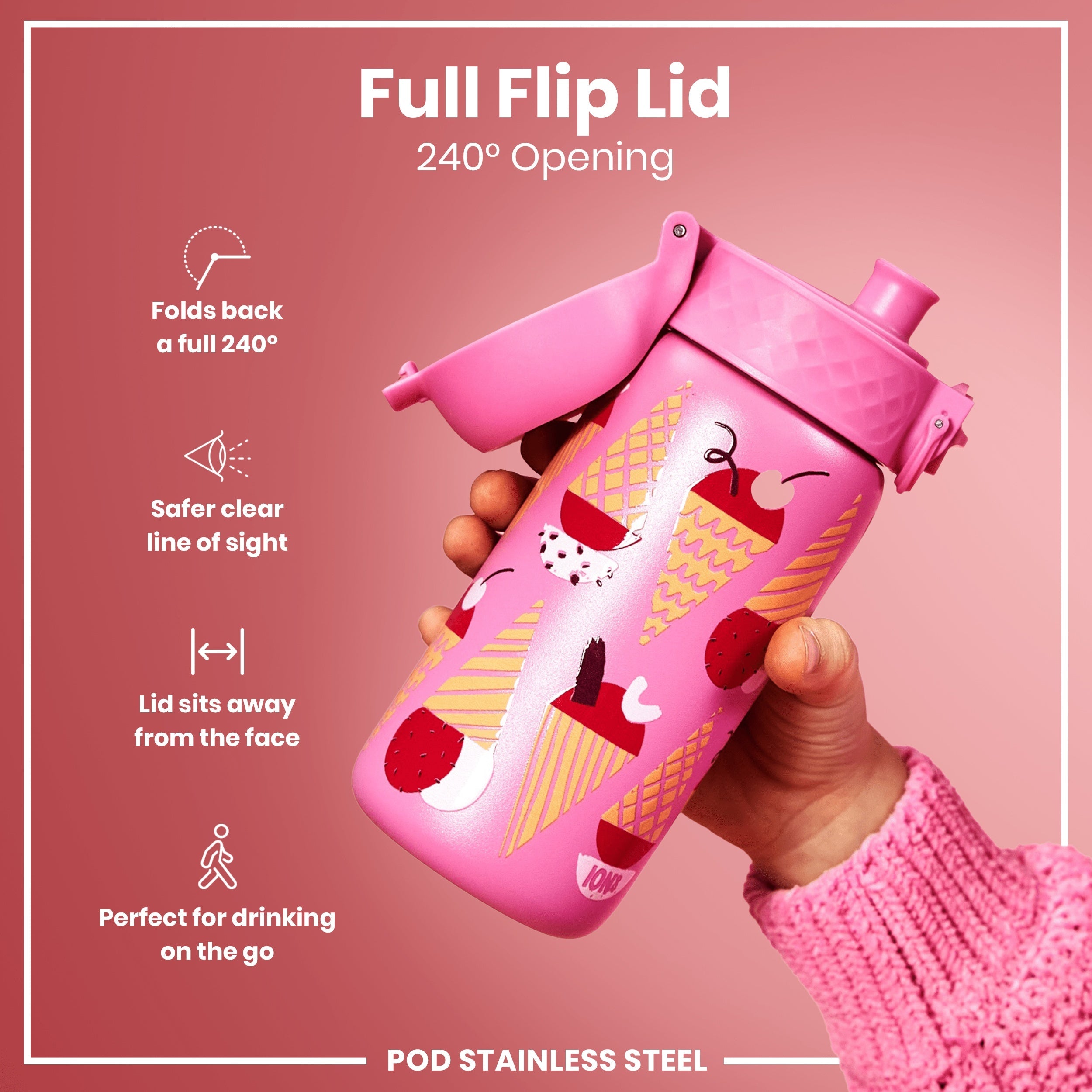 Leak Proof Kids Water Bottle, Stainless Steel, Ice Creams, 400ml (13oz)