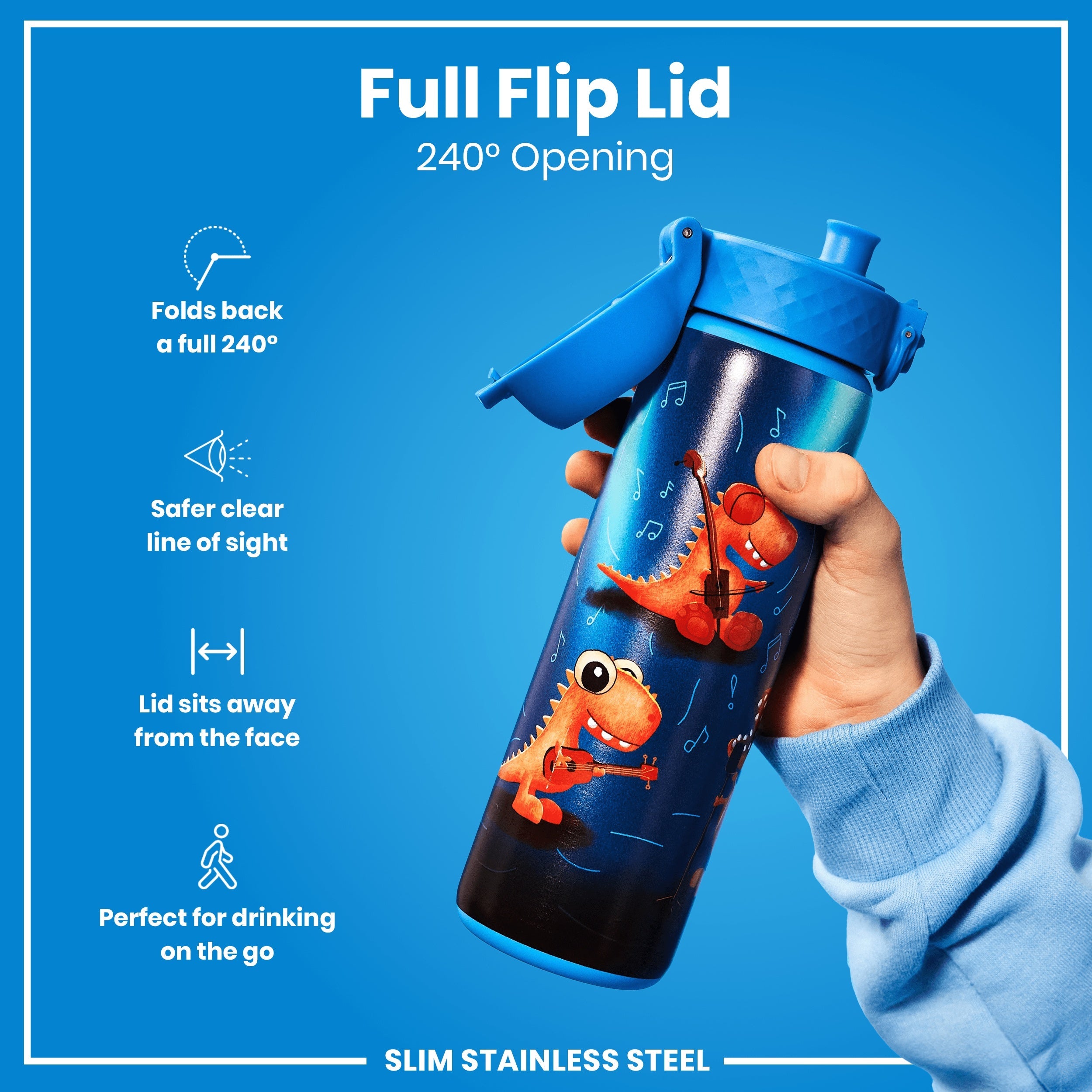 Leak Proof Slim Water Bottle, Stainless Steel, Dino Band, 600ml (20oz)