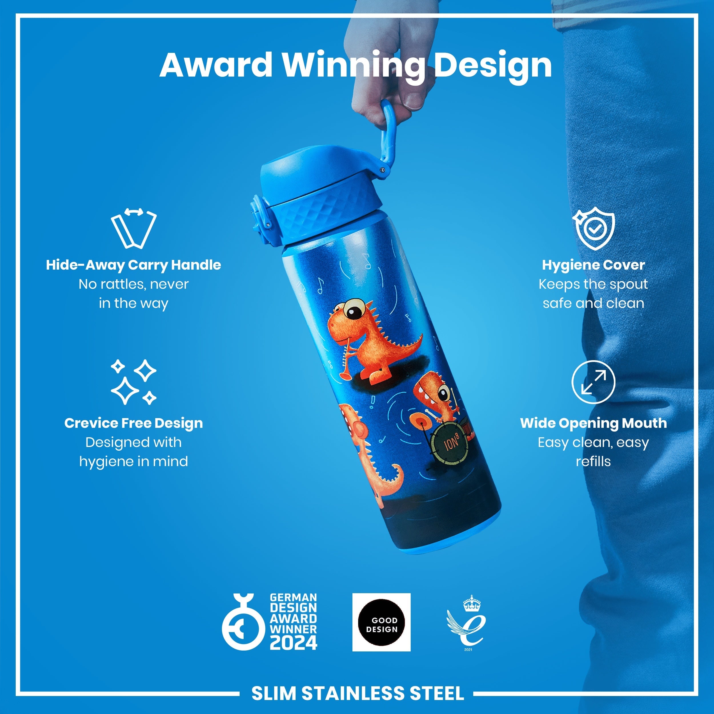 Leak Proof Slim Water Bottle, Stainless Steel, Dino Band, 600ml (20oz)