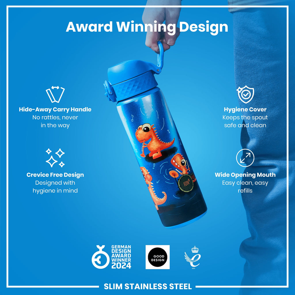 Leak Proof Slim Water Bottle, Stainless Steel, Dino Band, 600ml (20oz)