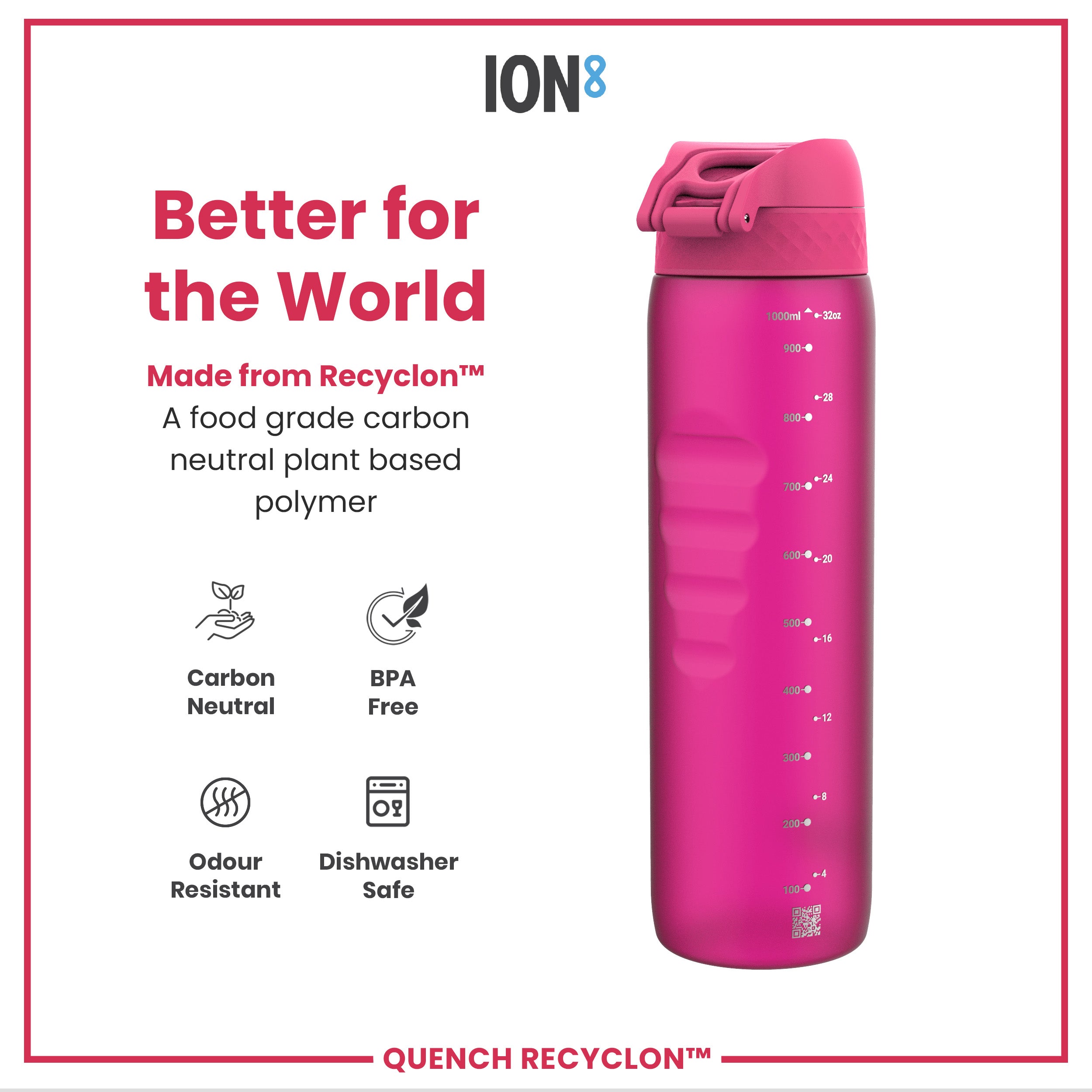 Leak Proof 1 litre Water Bottle, Recyclon, Pink, 1L