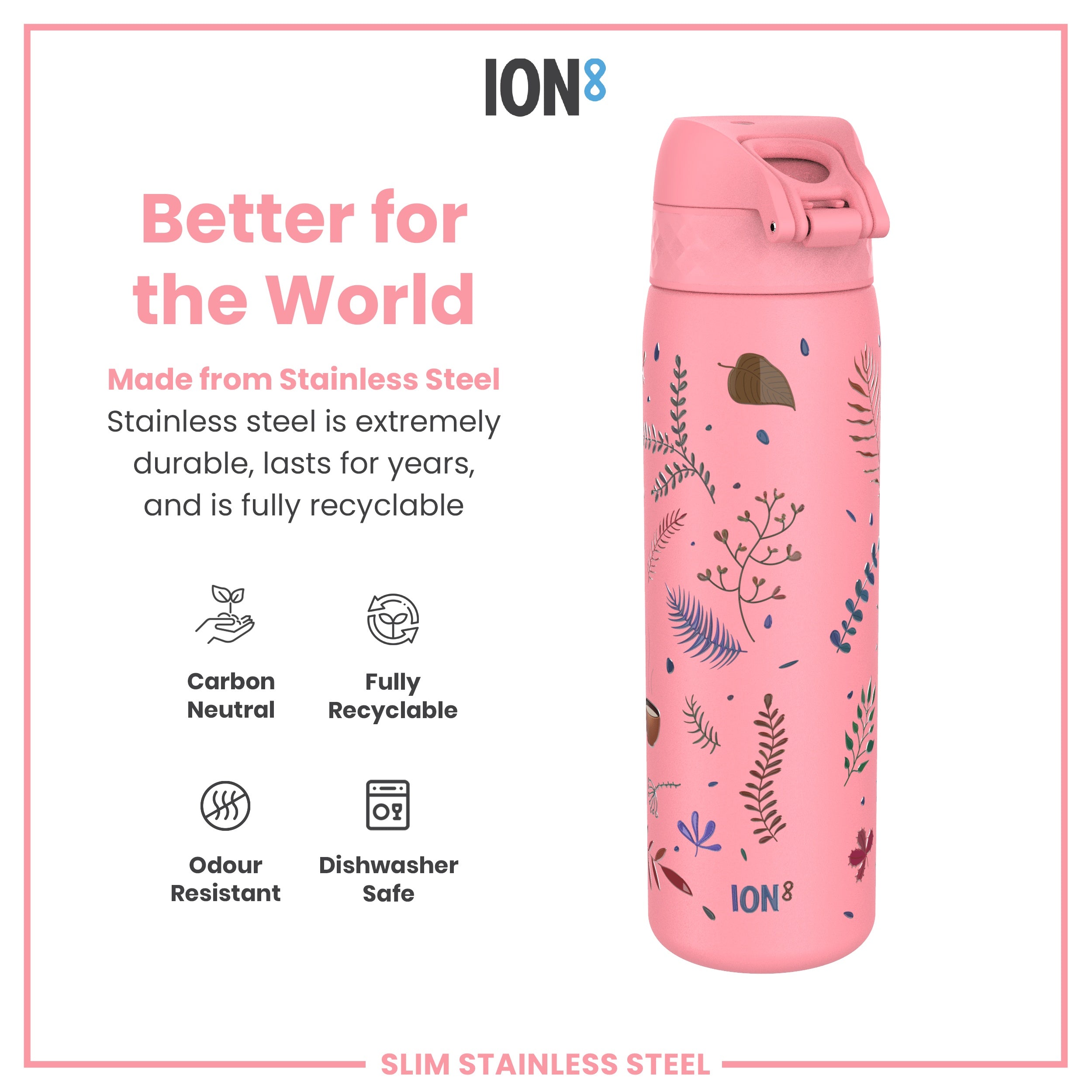 Leak Proof Slim Water Bottle, Stainless Steel, Flamingo, 600ml (20oz)