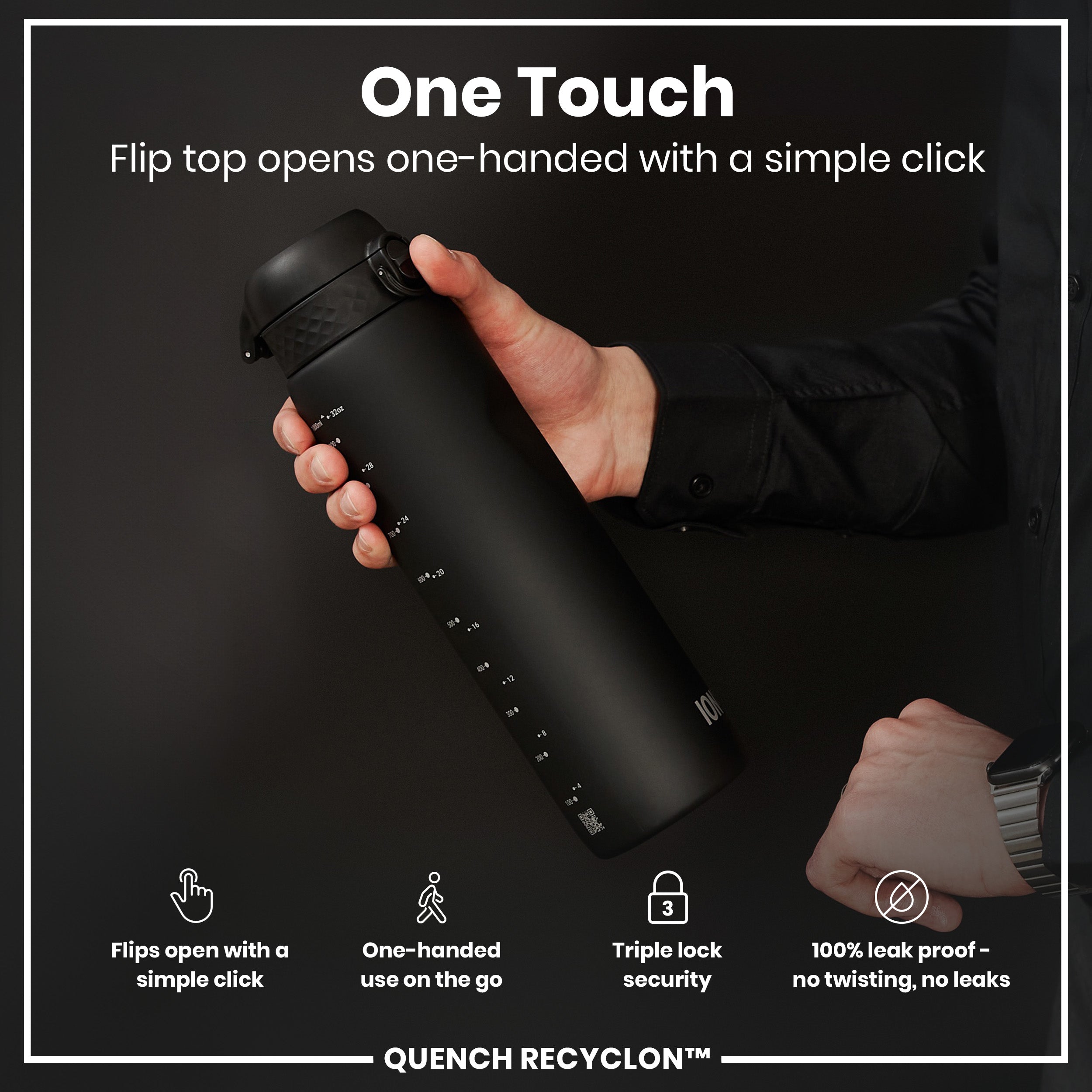 Leak Proof 1 litre Water Bottle, Recyclon, Black, 1L