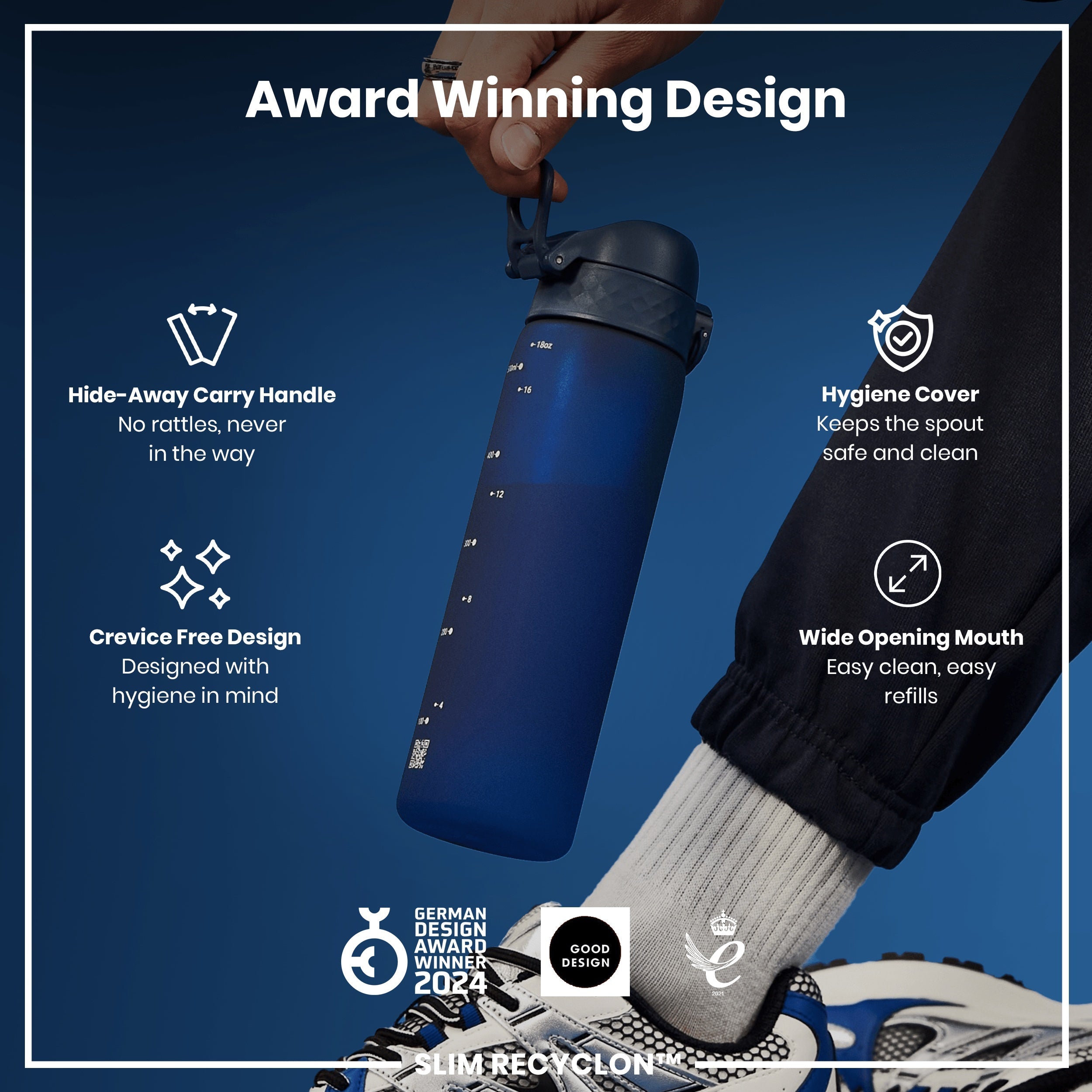 Leak Proof Slim Water Bottle, Recyclon, Navy, 500ml (18oz)