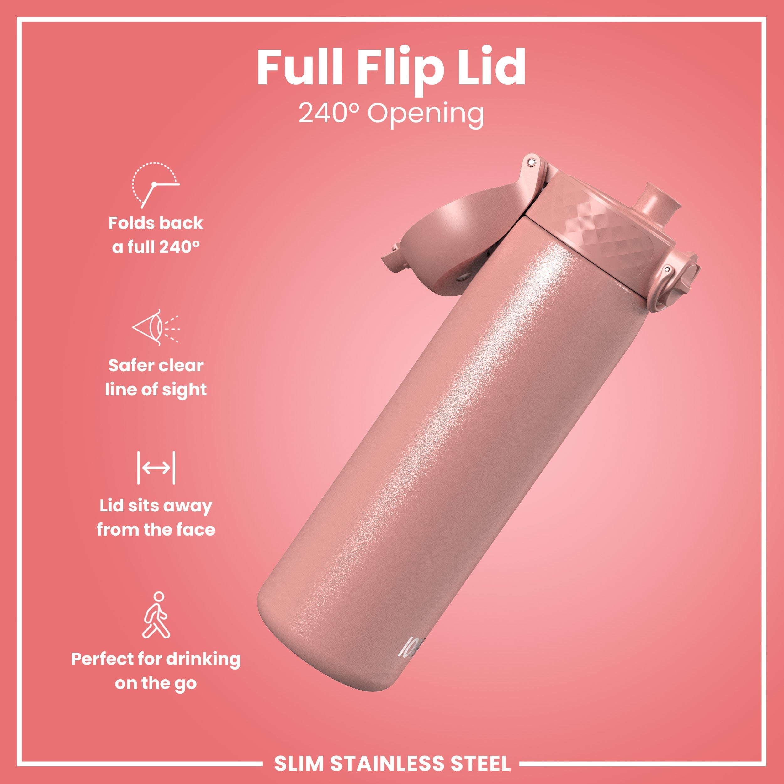 Leak Proof Slim Water Bottle, Stainless Steel, Ash Rose, 600ml (20oz)