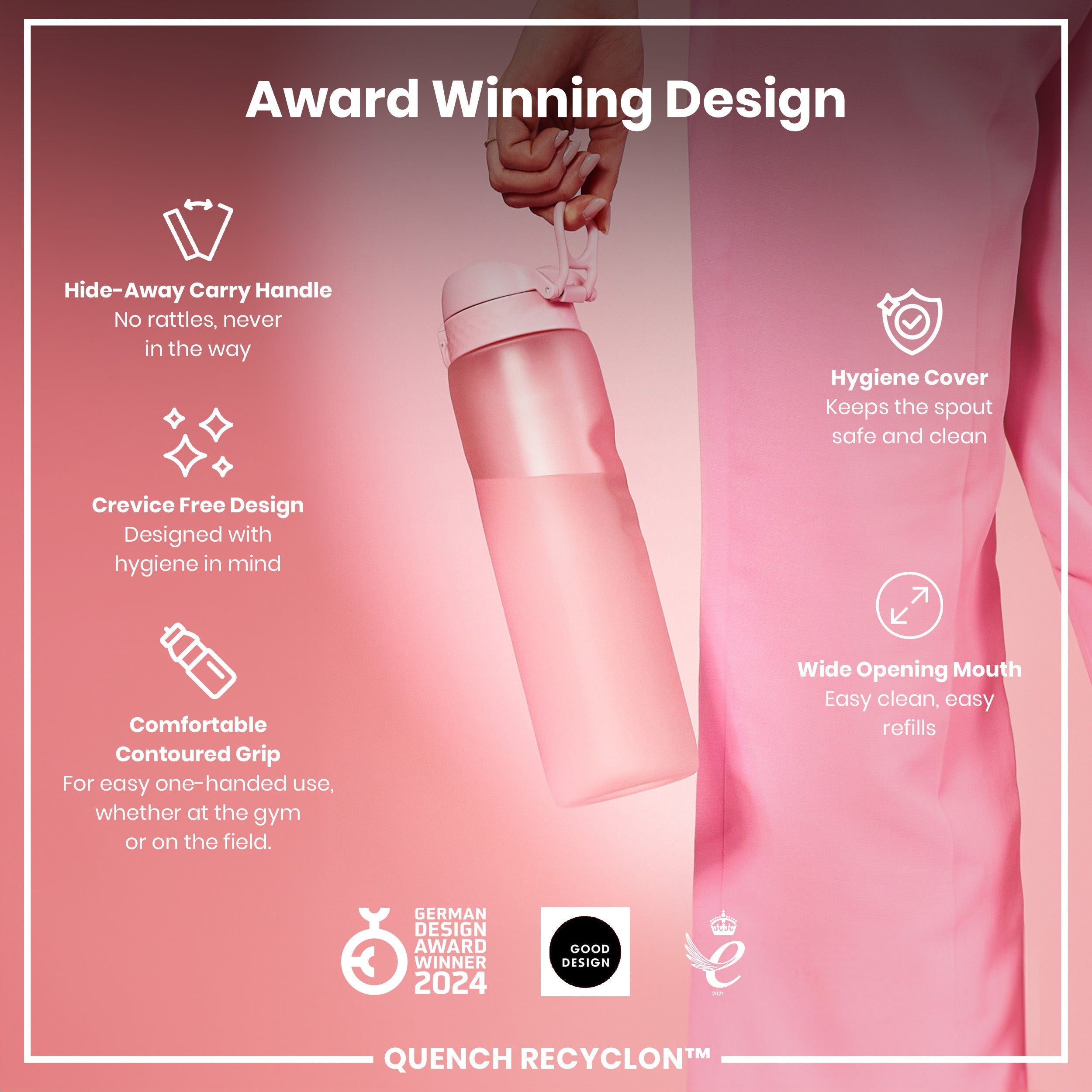 Leak Proof 1 litre Water Bottle, Recyclon, Rose Quartz, 1L