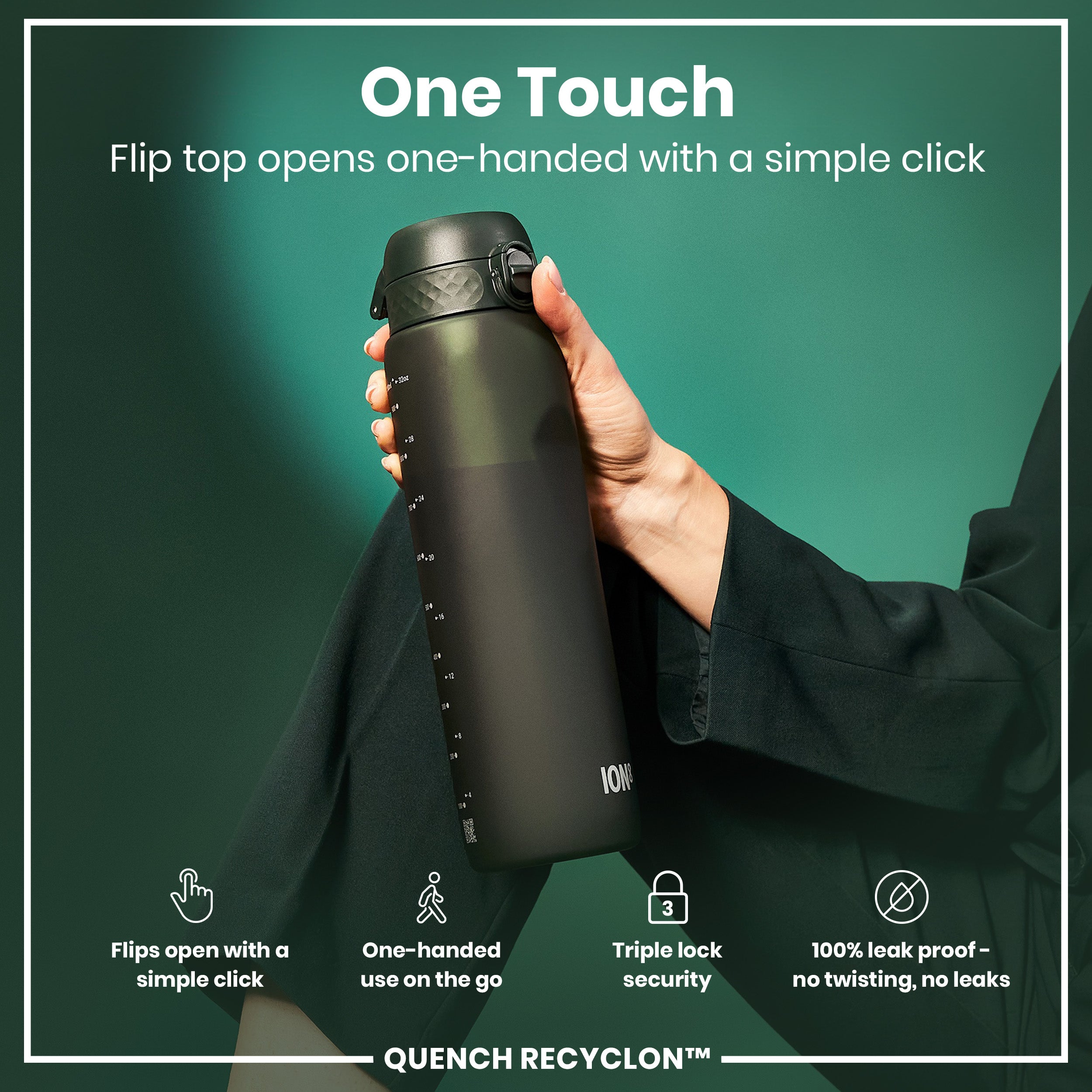 Leak Proof 1 litre Water Bottle, Recyclon, Dark Green, 1L