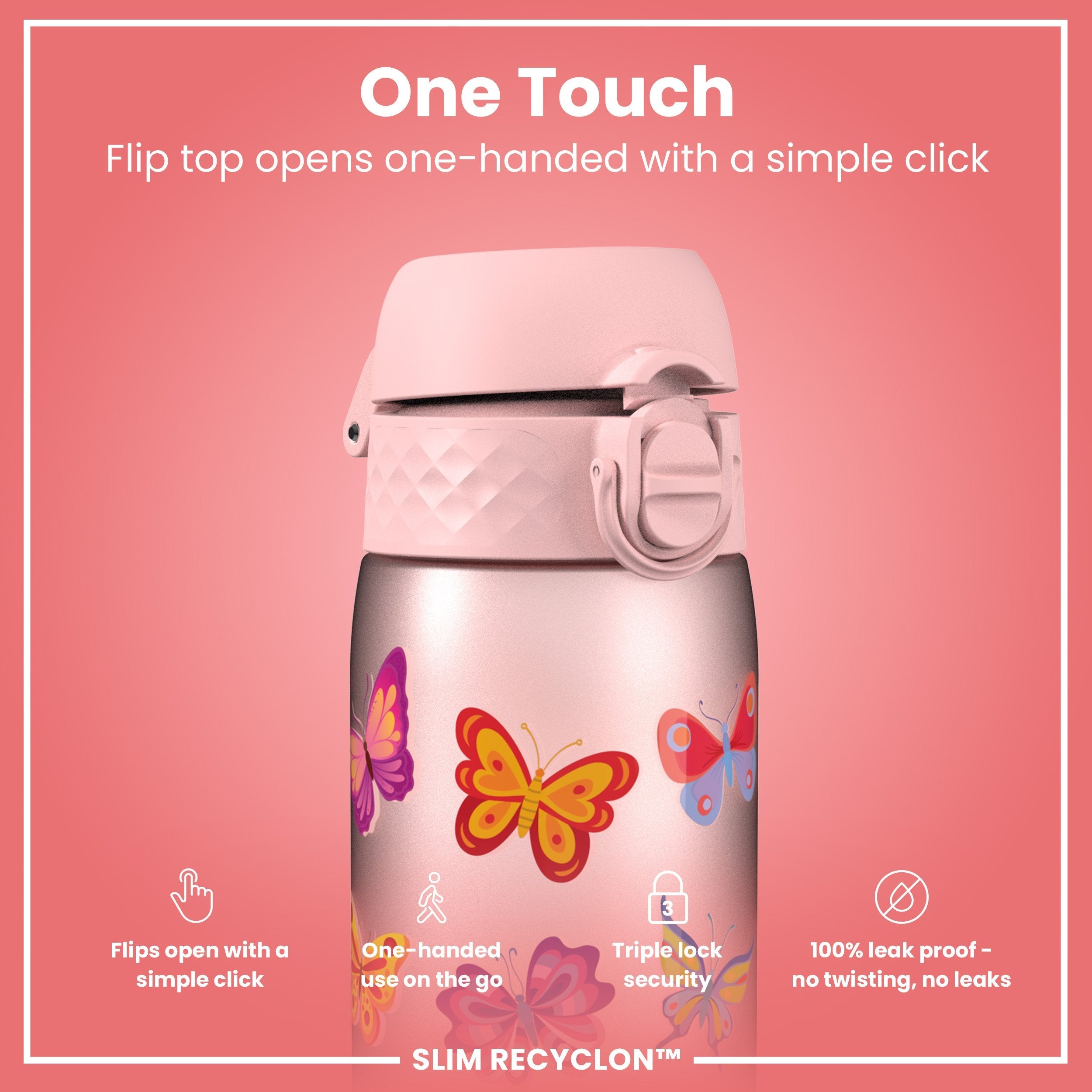 Leak Proof Slim Water Bottle, Recyclon, Butterfly, 500ml (18oz)