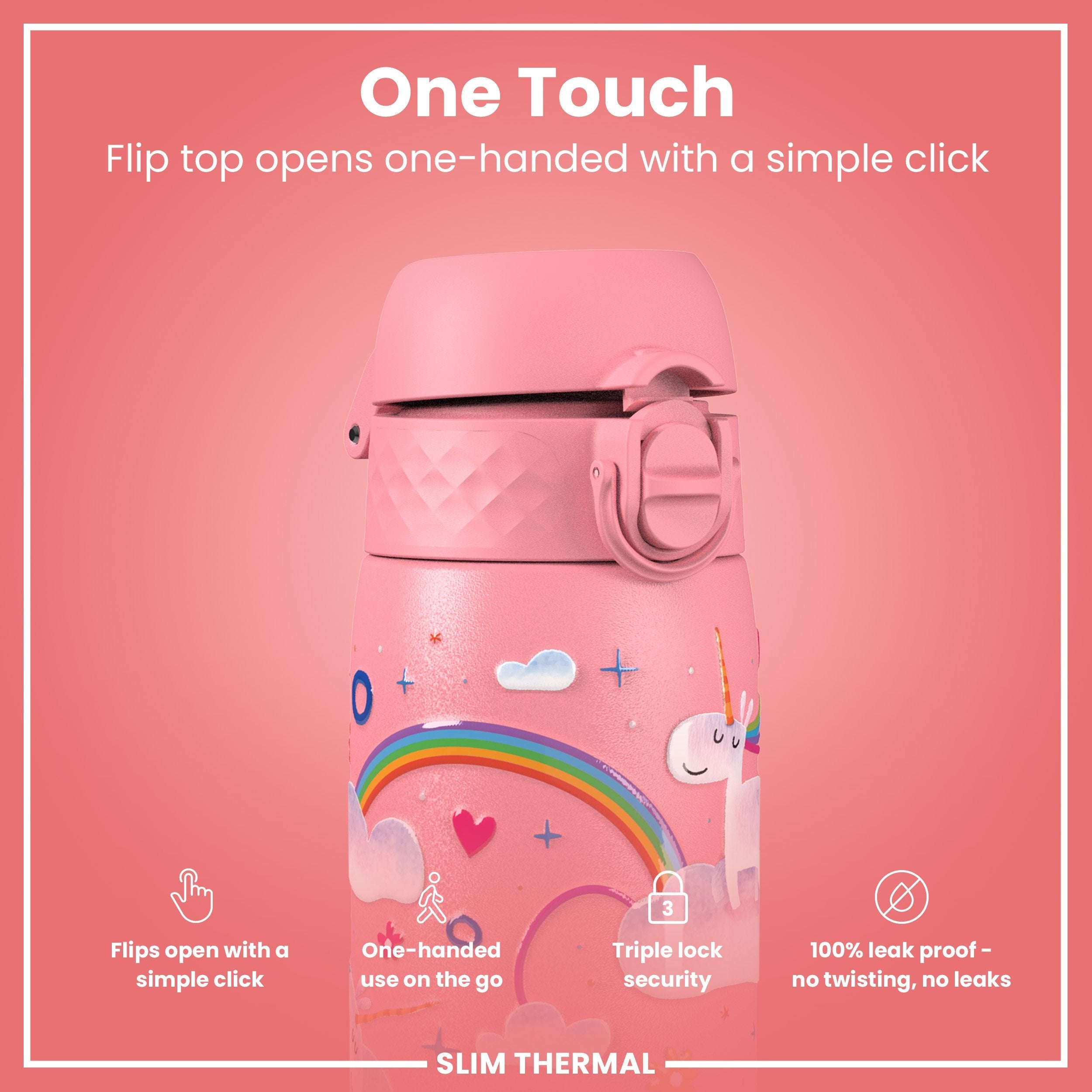 Leak Proof Slim Thermal Steel Water Bottle, Insulated, Unicorn, 500ml (17oz)