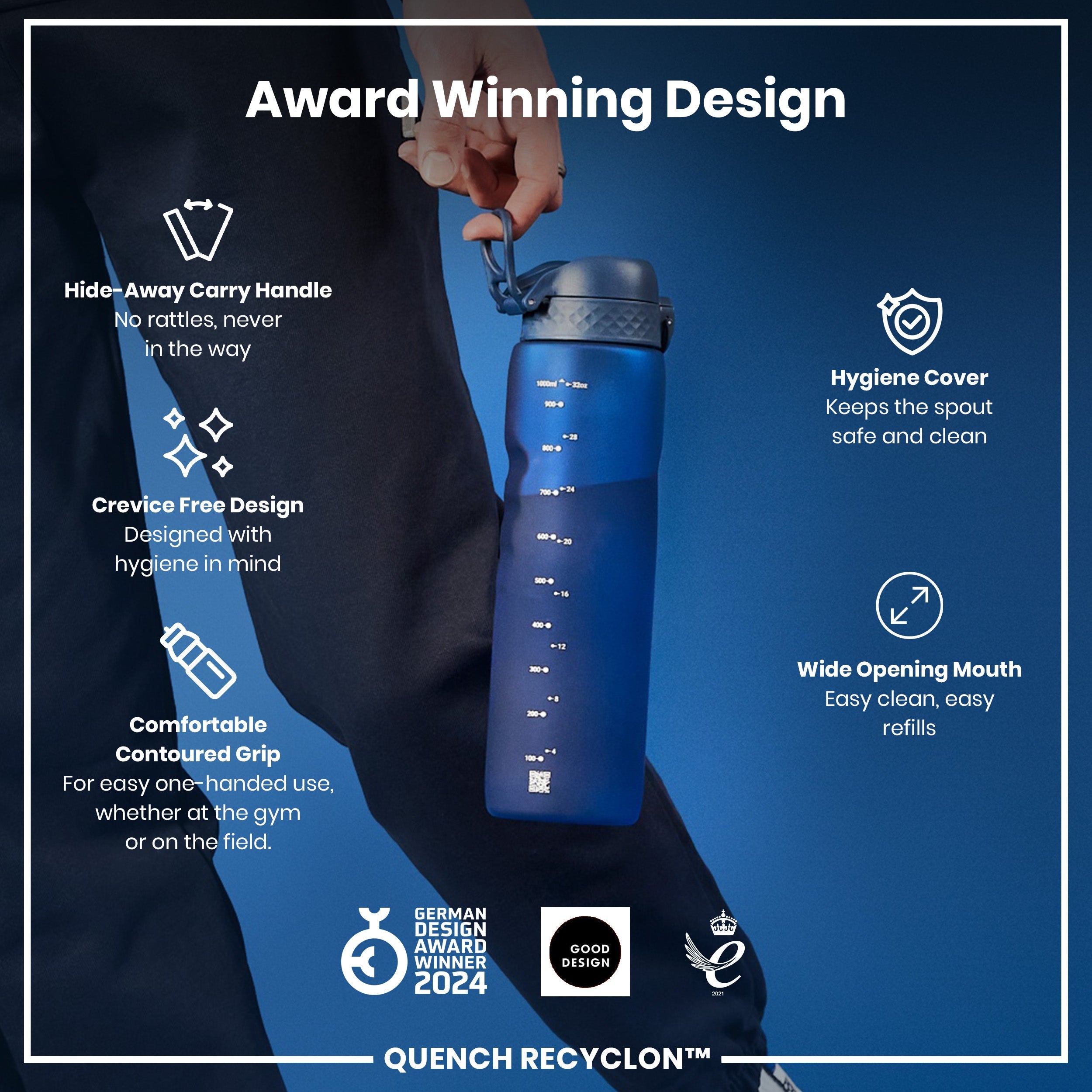Leak Proof 1 litre Water Bottle, Recyclon, Navy, 1L