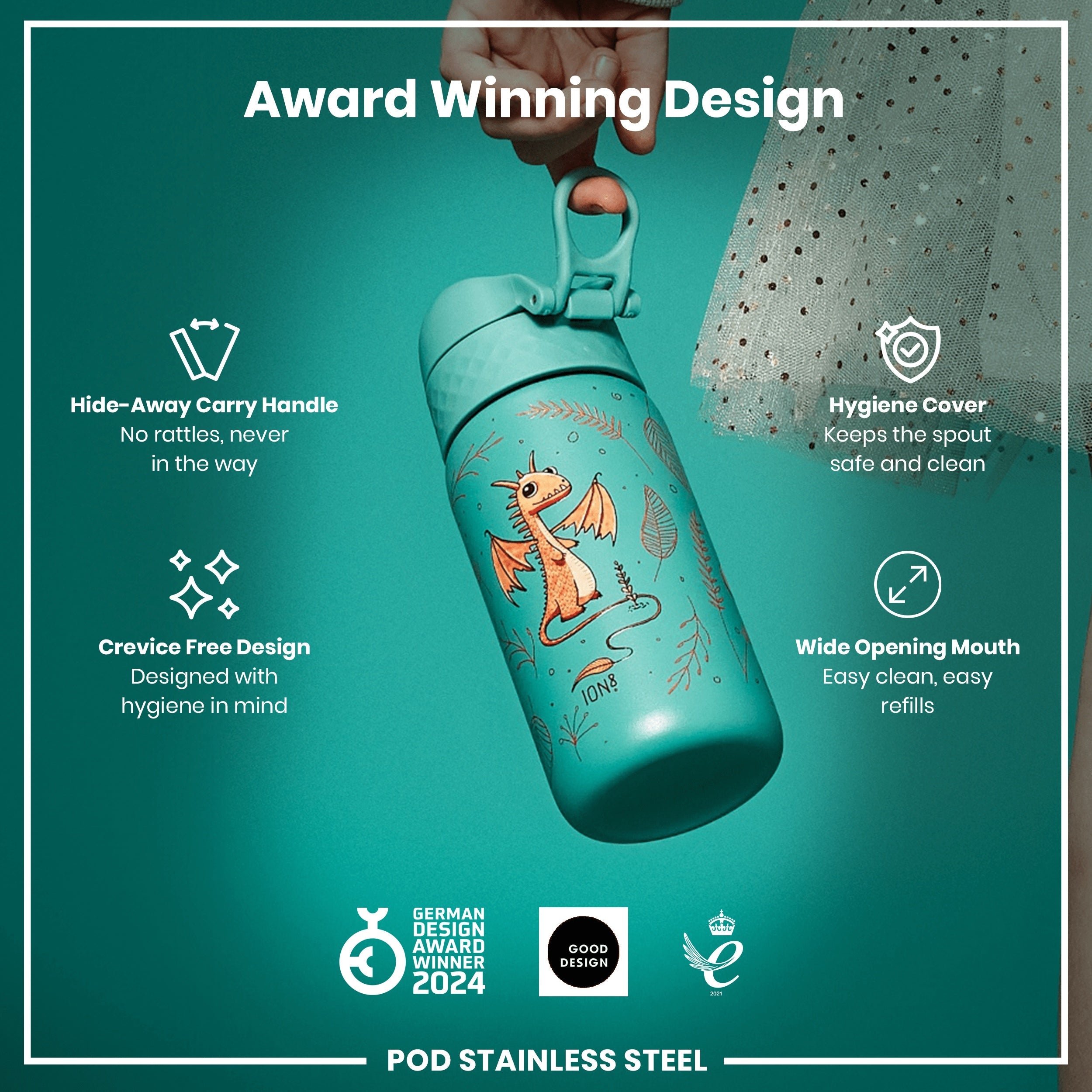 Leak Proof Kids Water Bottle, Stainless Steel, Egg to Dragon, 400ml (13oz)